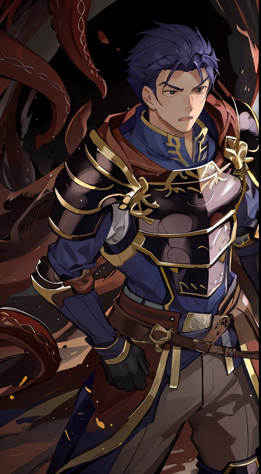 Hector Fey(adult man), 独奏, ember,looking at viewert,hale and hearty,Tough guy,Handsome,Handsome,Tied by tentacles(Mucus-secreting tentacles) ,with her mouth open,drools,perspire,Strong,Magnificent,Tight combat uniform,Armour,Armour,Get wet, mitts, 1 man,weeping,Be red in the face, Male focus,Tentacles wrapped around thighs(Octopus tentacles wrap around thighs), cloaks, Armour, Shoulder armor, Soaked leggings,Wrists bound by tentacles,Waist wrapped around tentacles