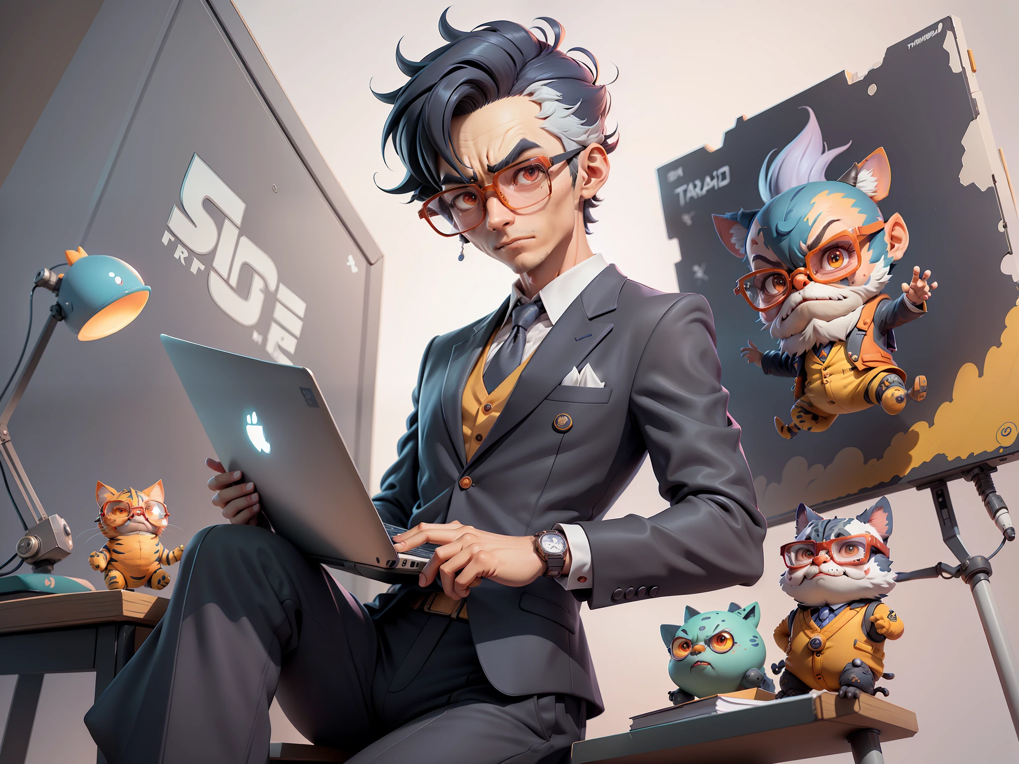A young man in a suit and pants, Short hair and glasses sat at his desk,holding laptop,digitial painting,tigre,3D character design by Mark Clairen and Pixar and Hayao Miyazaki and Akira Toriyama,4K HD illustration,Very detailed facial features and cartoon-style visuals。