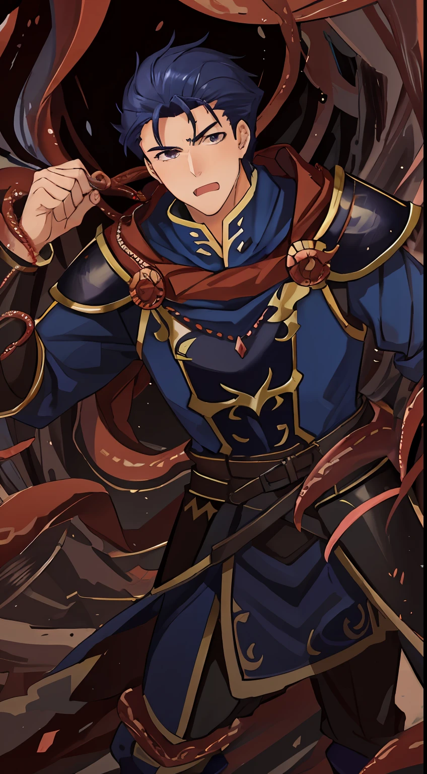 Hector Fey(adult man), 独奏, ember,looking at viewert,hale and hearty,Tough guy,Handsome,Handsome,Tied by tentacles(Mucus-secreting tentacles) ,with her mouth open,drools,perspire,Strong,Magnificent,Tight combat uniform,Armour,Armour,Get wet, mitts, 1 man,weeping,Be red in the face, Male focus,Tentacles wrapped around thighs(Octopus tentacles wrap around thighs), cloaks, Armour, Shoulder armor, Soaked leggings,Wrists bound by tentacles,Waist wrapped around tentacles