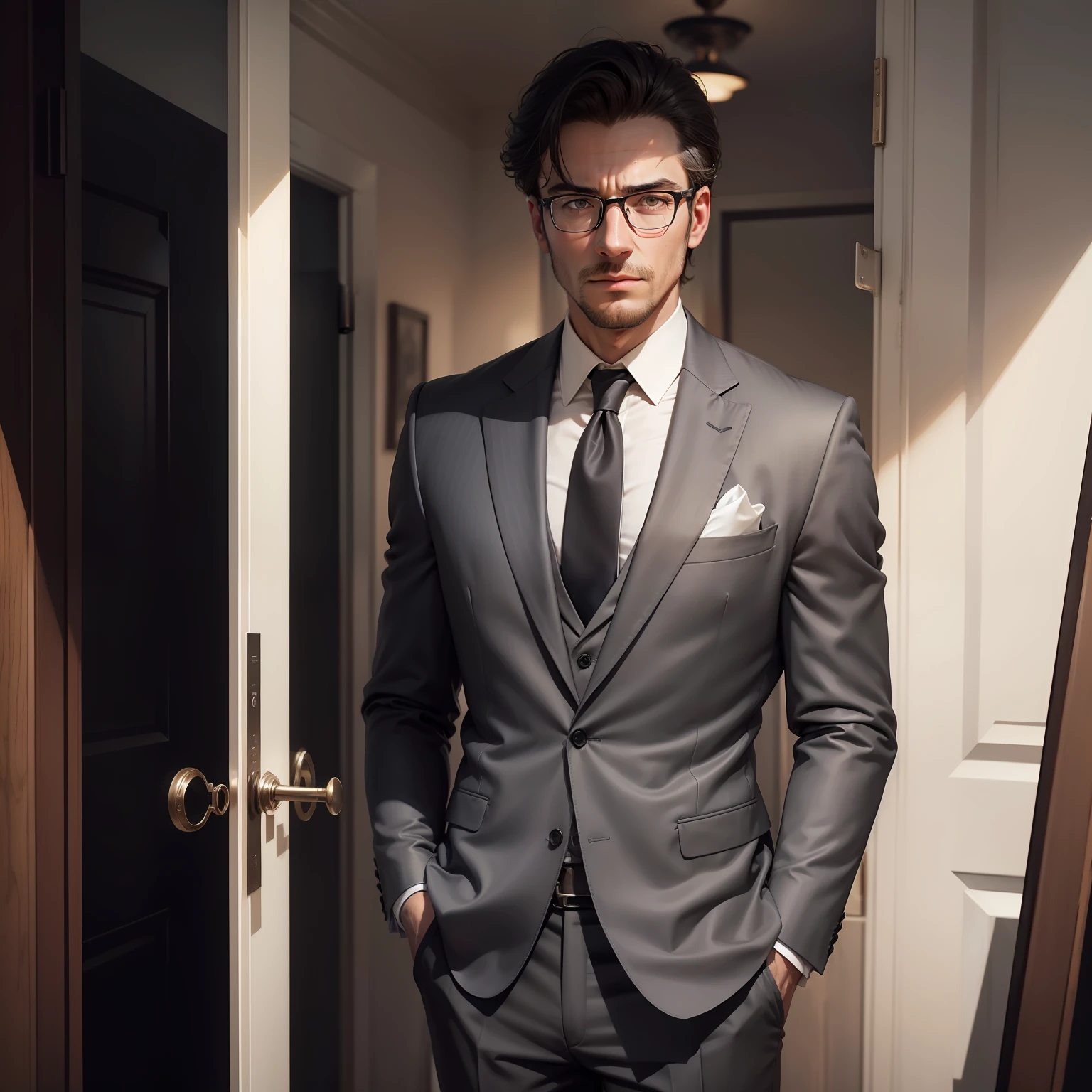 Realistic, (masterpiece, best_quality:1.1), a man wearing glasses standing in front of a glass door with a cross on it, zegna, Drop+7, Double vents, Notch lapels, Flap pockets, 2-button closure, Fully lined, Deconstructed, 100%+Wool, Grey, suits, young, wearing a undercloth and tie, oxford knot my face