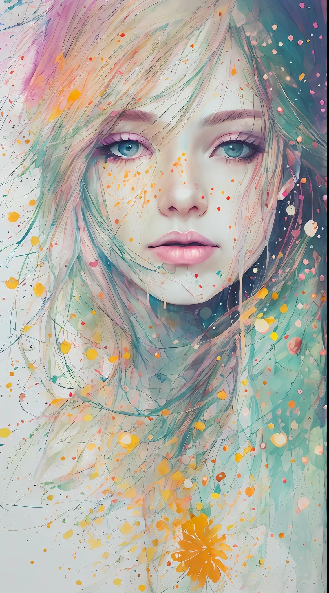 woman with agnes cecile, glowing design, pastel colors, ink drops, autumn lights