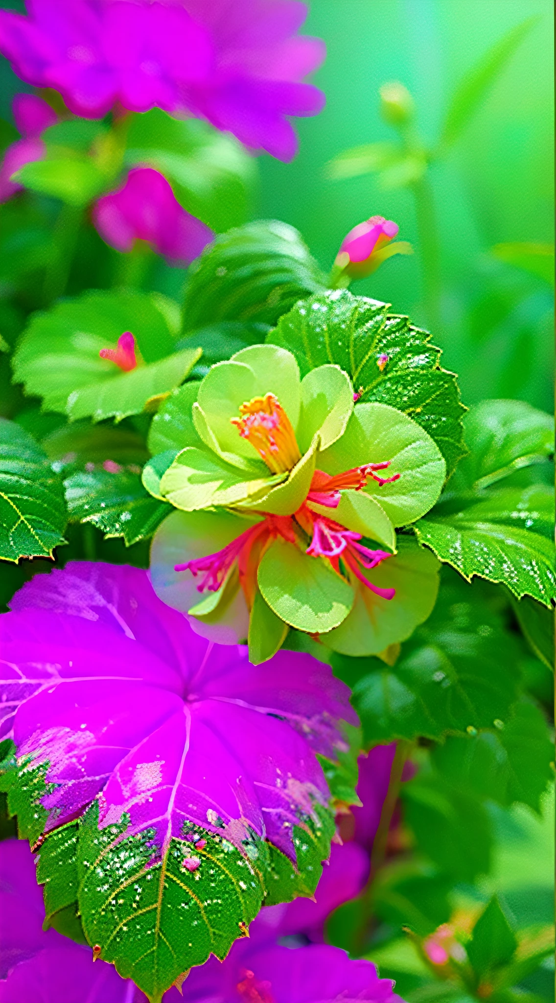 photorealestic,In the middle of a painting is a beautiful begonia,4K HD details,Beautiful digital artwork, detailed flowers , magical colorful flowers, Layered green,beautiful digital painting, wallpaper hd, colorful hd picure, beautiful flowers, elegant digital painting
