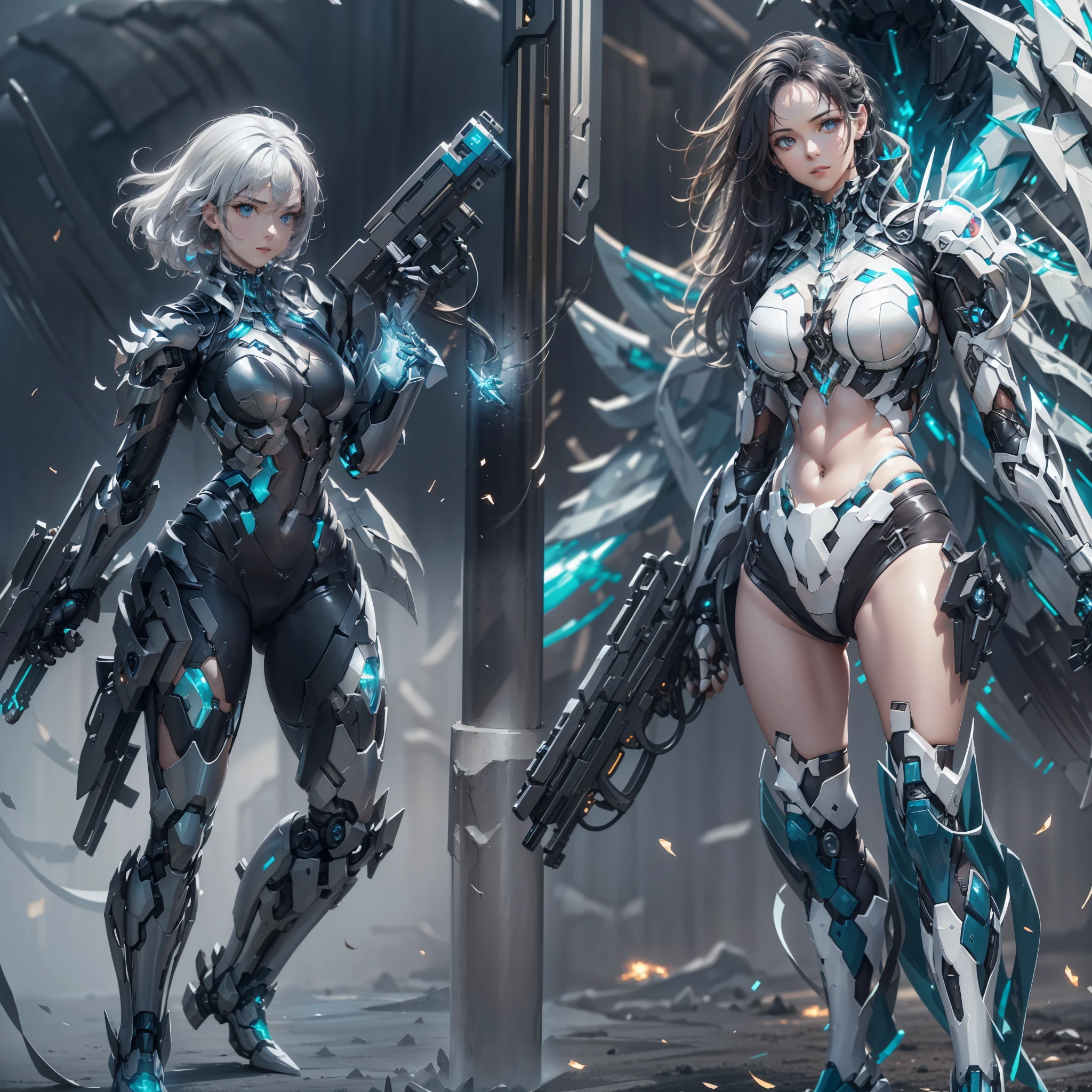 A beautiful 8K wallpaper that is completely opposite，On the left is the realistic girl，Delicate black leather clothing，White wavy detail hair，Hold a gun in your hand and point it to the right，On the right is the absurd silver-blue lustrous mech，Silver mech off wing detail，Pose for a shot，