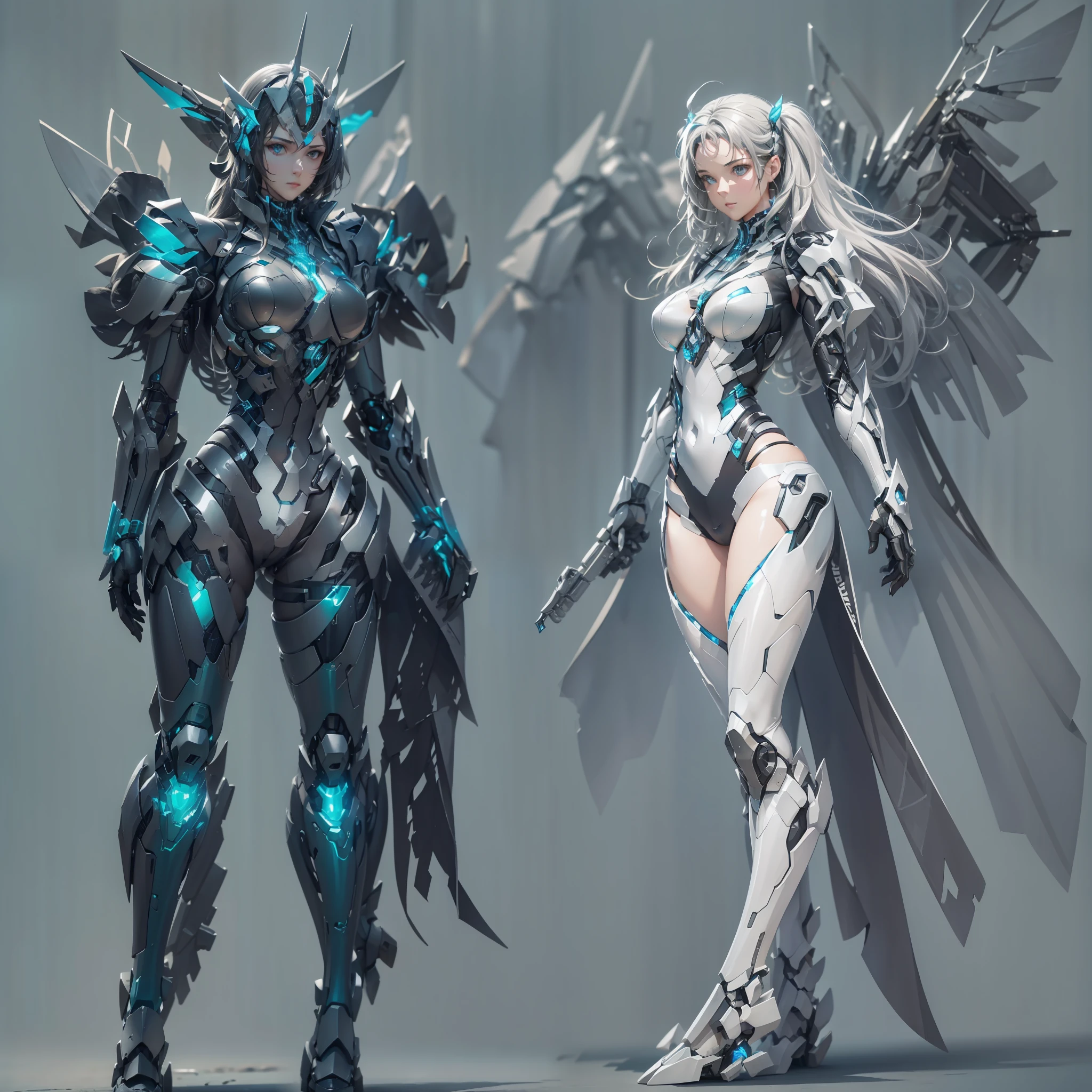 A beautiful 8K wallpaper that is completely opposite，On the left is the realistic girl，Delicate black leather clothing，White wavy detail hair，Hold a gun in your hand and point it to the right，On the right is the absurd silver-blue lustrous mech，Silver mech off wing detail，Pose for a shot，