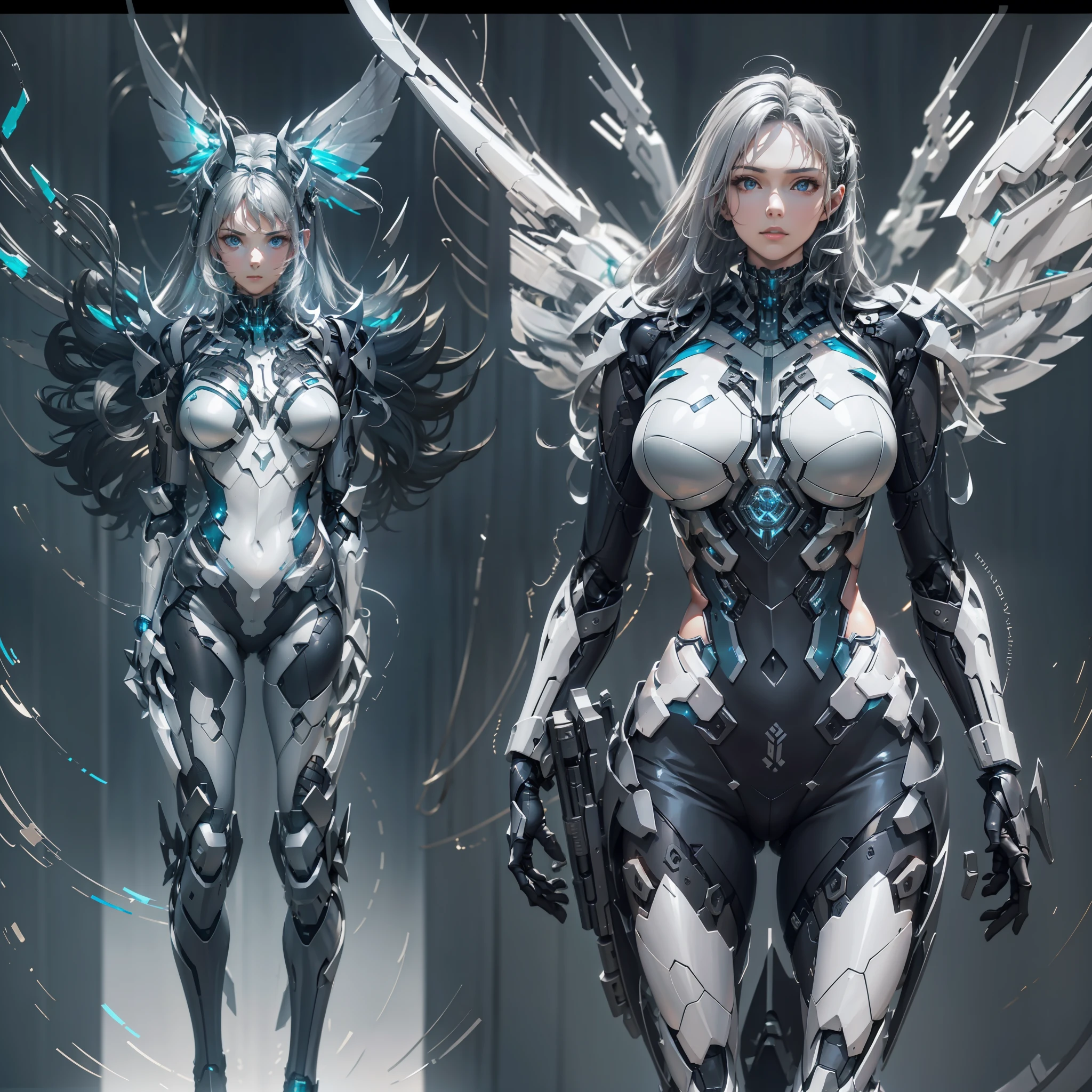 A beautiful 8K wallpaper that is completely opposite，On the left is the realistic girl，Delicate black leather clothing，White wavy detail hair，Hold a gun in your hand and point it to the right，On the right is the absurd silver-blue lustrous mech，Silver mech off wing detail，Pose for a shot，