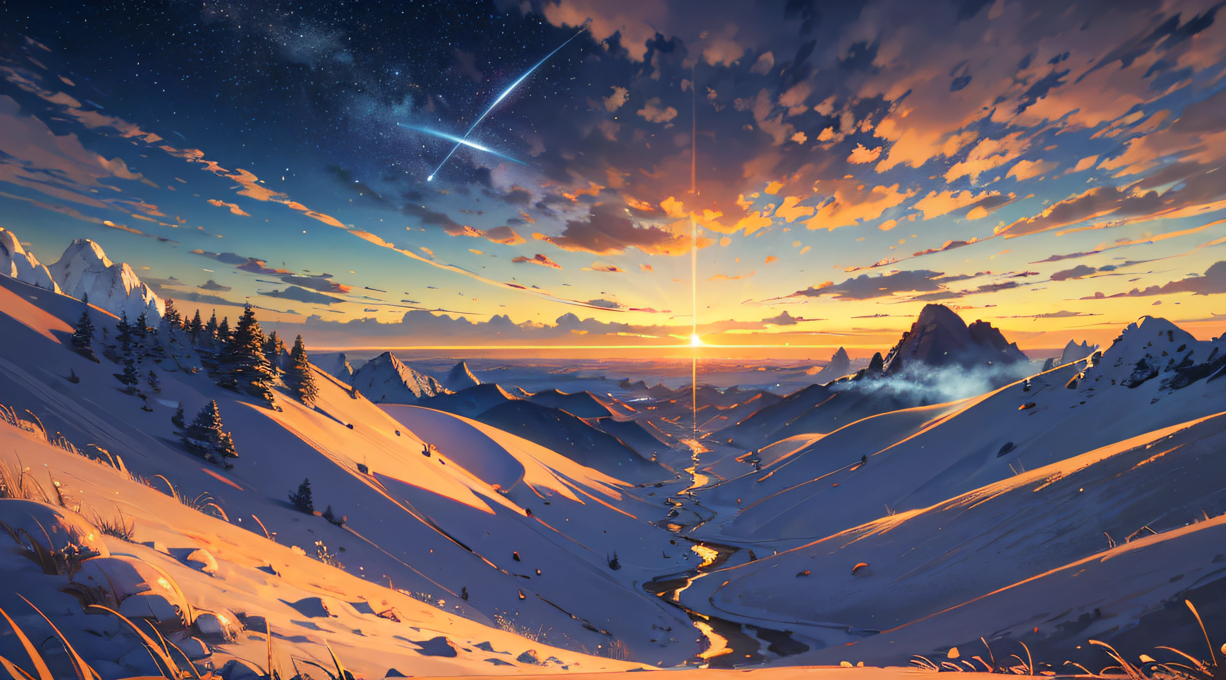 Expansive landscape photograph,(moon full:1.2),(meteors:0.9),(Starcloud:1.3),(Warm light source:1.2),(glowworm:1.2),lamp lights,Lots of purple and orange,Complicated details,Volumetriclighting,Realism BREAK(tmasterpiece:1.2),(best qualtiy),8K,Ultra-detailed,(dynamic compositions:1.4),The is very detailed,Colorful details,(Irridescent color:1.2),(luminouslighting,Atmospheric lighting),dream magical,magical,(独奏:1.2),((best qualtiy)), ((tmasterpiece)), (the detail:1.4),depth of fields,maximum definition and sharpness,perfectly proportions,Fluttering clouds,Wallpapers