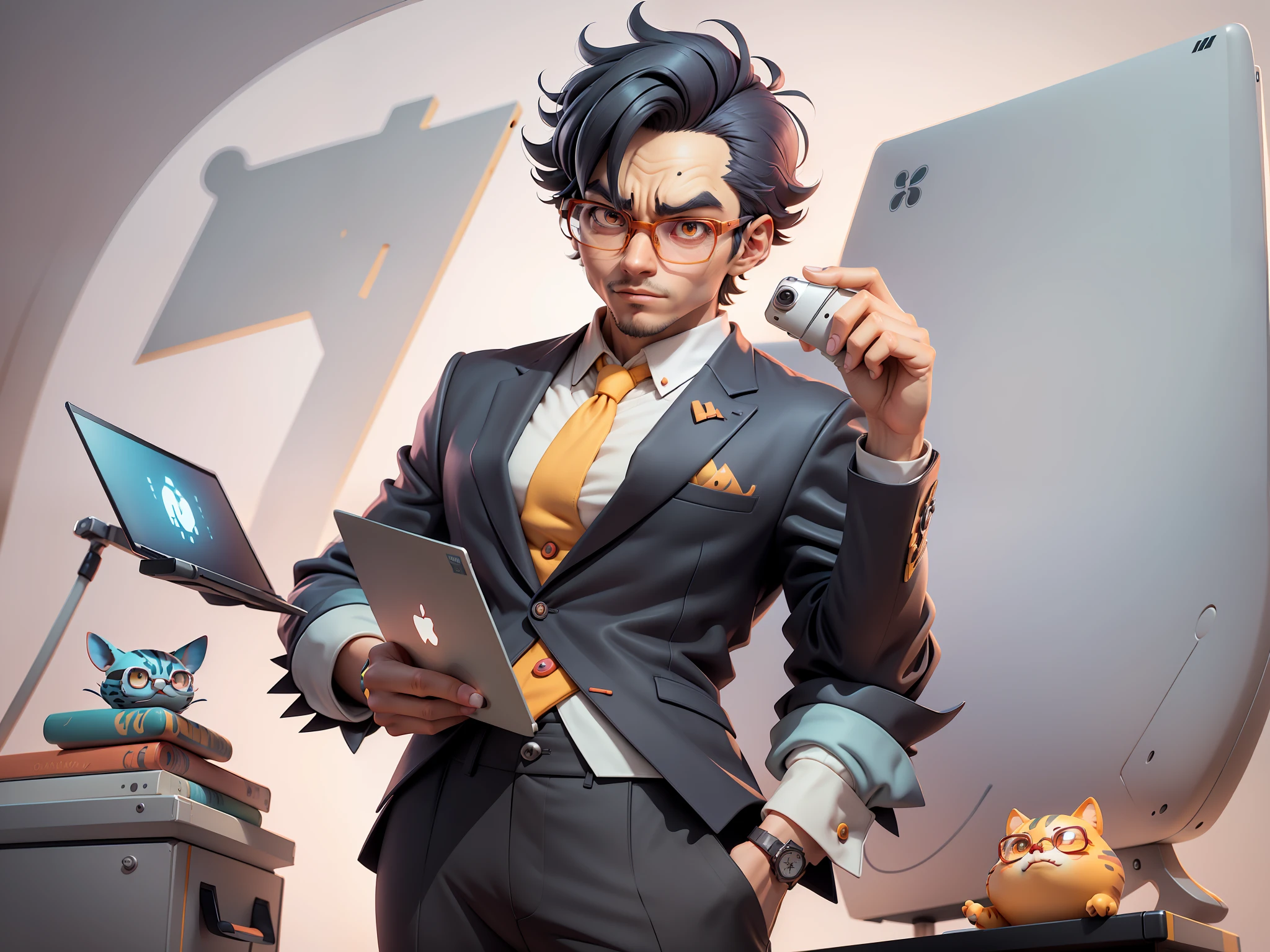 A young man in a suit and pants, Short hair and glasses sat at his desk,holding laptop,digitial painting,tigre,3D character design by Mark Clairen and Pixar and Hayao Miyazaki and Akira Toriyama,4K HD illustration,Very detailed facial features and cartoon-style visuals。