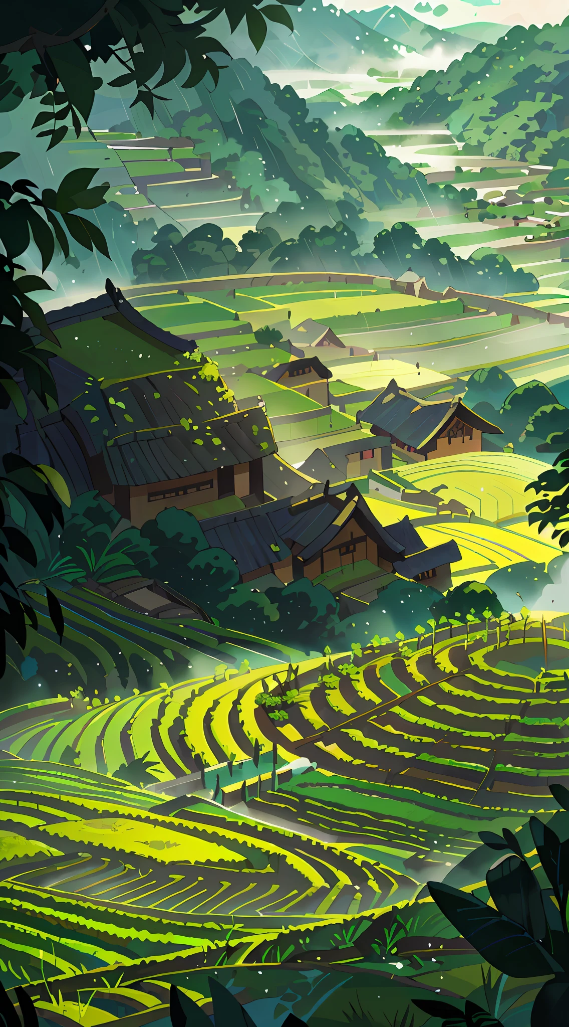 Large expanses of terraced fields, mountains, huts, with rice fields, rice fields, neat rice seedlings in the fields, misty rain, villages, agriculture, in the tranquil landscape, misty weather, in the vast tranquil landscape, in the early morning, in the morning mist, behind a small village, mist, Japanese countryside, thatched roofs --v 6