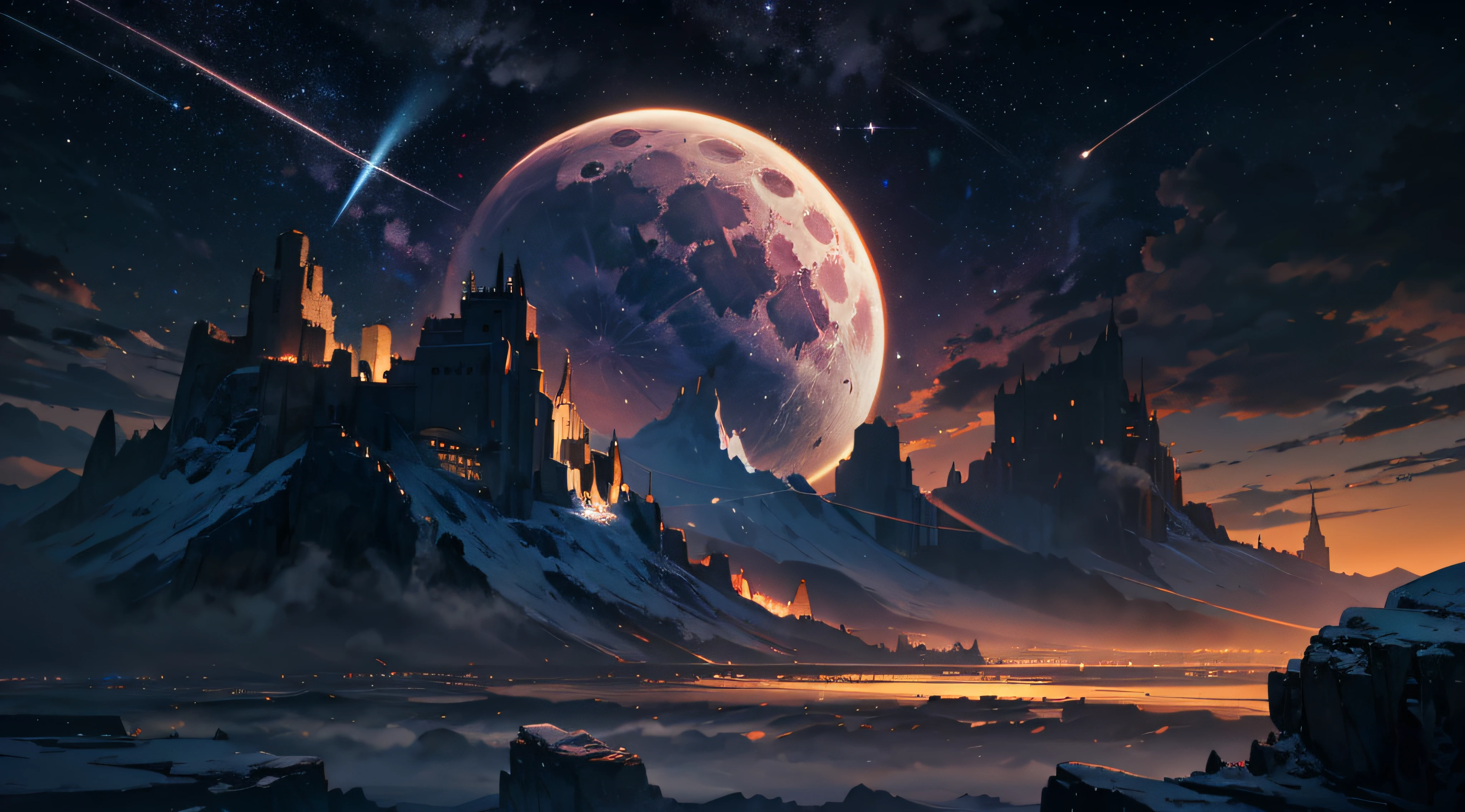 Expansive landscape photograph,(moon full:1.2),(meteors:0.9),(Starcloud:1.3),(Warm light source:1.2),(glowworm:1.2),lamp lights,Lots of purple and orange,Complicated details,Volumetriclighting,Realism BREAK(tmasterpiece:1.2),(best qualtiy),8K,Ultra-detailed,(dynamic compositions:1.4),The is very detailed,Colorful details,(Irridescent color:1.2),(luminouslighting,Atmospheric lighting),dream magical,magical,(独奏:1.2),((best qualtiy)), ((tmasterpiece)), (the detail:1.4),depth of fields,maximum definition and sharpness,perfectly proportions,Fluttering clouds,Wallpapers