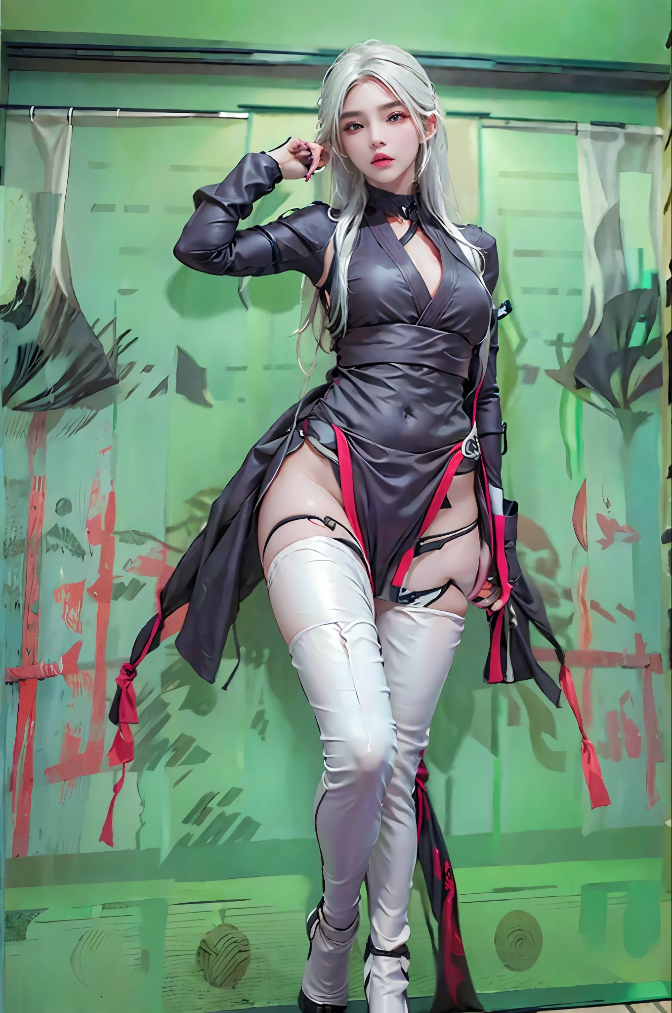photorealistic, high resolution, 1women, solo, hips up, look at viewer, (detailed face), white hair, long hair, (((ninja_suit, ninja))),thighhighs, fishnets, pelvic curtain