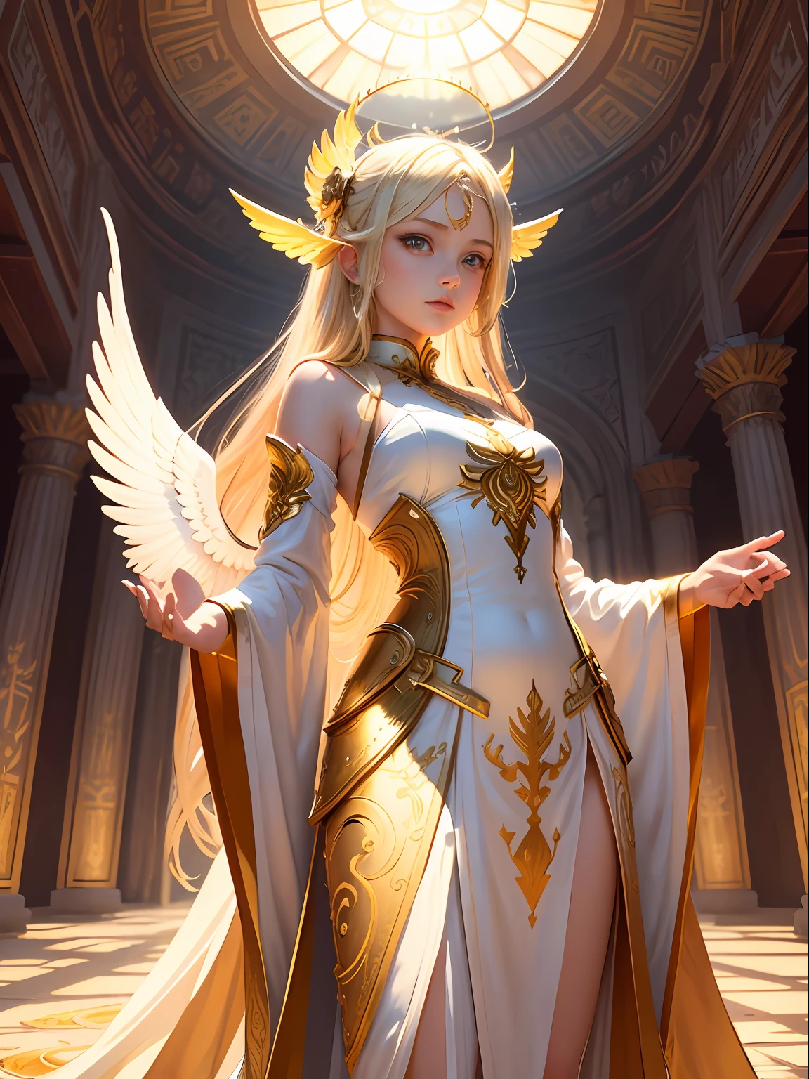 （tmasterpiece，top Quority，offcial art，Beauty and aesthetics：1.2）,1girll, are standing, Gold pattern robe, White pants,  look at front, The aura of the halo, Gold Wing, had his hands folded, coiffed blonde hair, Black eyes, Closed mouth, (The upper part of the body), sunny clear sky, Skylight, Abandoned temple background, extremely detaile,（s fractal art：1.3）,Extremely colorful，Most detailed。 --auto