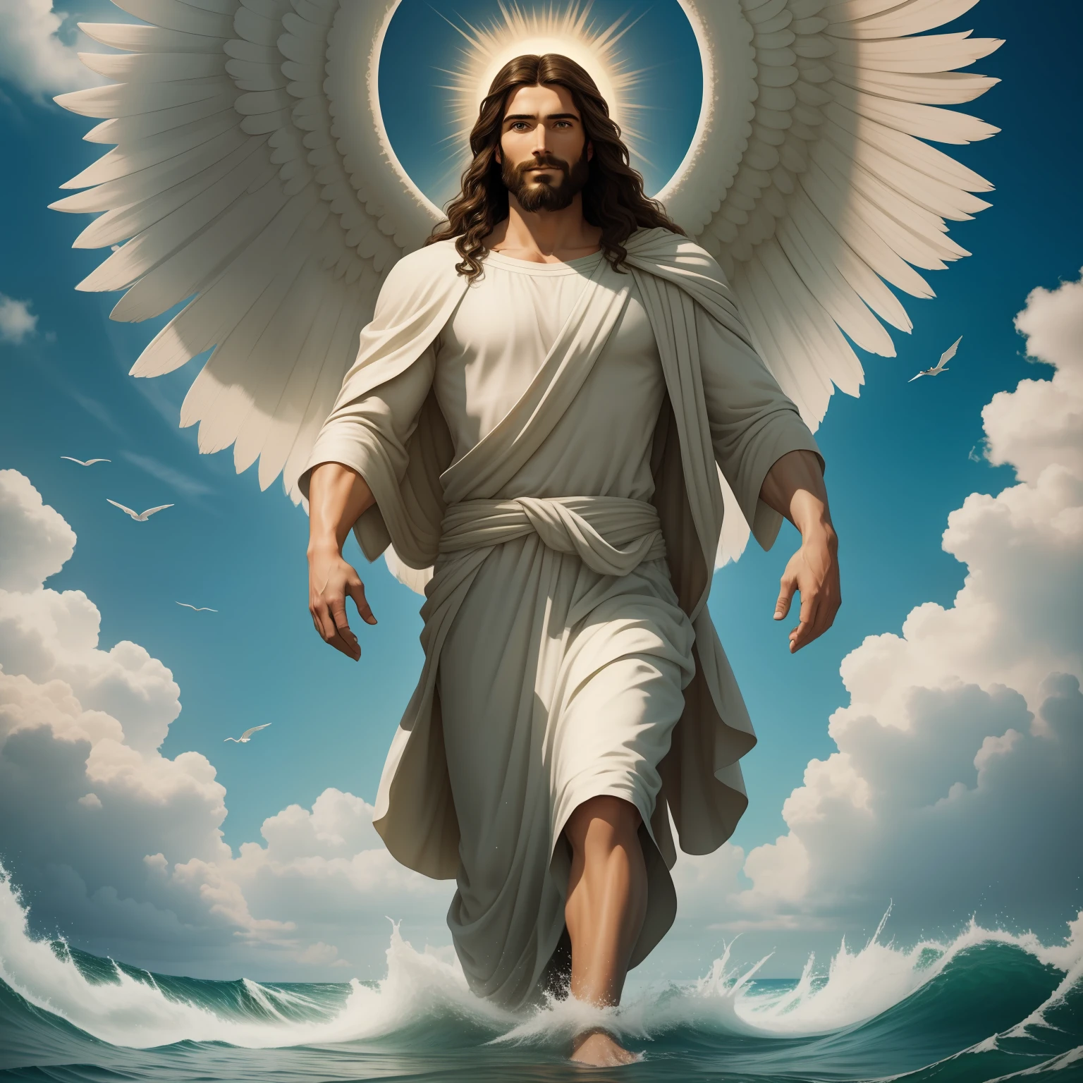 Jesus walking on water with a flying cloud in the background, Jesus walking on water, biblical illustration, epic biblical representation, forcing him to flee, coming out of the ocean, ! holding in hand!, disembarking, god of the ocean, beautiful representation, 8k 3D Model, realistic,
a 3D Realistic of jesus with a halo in the sky, jesus christ, smiling in heaven, portrait of jesus christ, jesus face, 33 young almighty god, portrait of a heavenly god, greg olsen, gigachad jesus, jesus of nazareth, jesus, the face of god, god looking at me, he is greeting you warmly, he is happy, avatar image
