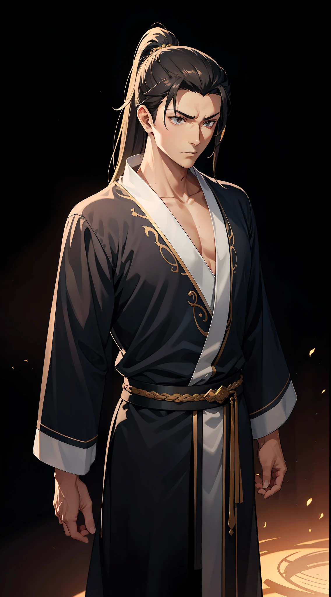 quadratic element，style of anime，mtu（Male Warrior），The proportions are correct，Face details，swordsmen，High ponytail hairstyle，Neck details，There is an Adam's apple，Black Hanfu，kaftan，black toga，clothes details，Handing over，longer sleeves，Game quality，Swordsmanship，Light and shadow tracking，Ray traching，detailed glow，cg render，hair detail，cabelos preto e longos，Black ㇏ eyes，Handsome，Handsome，（juvenile sense），Clothing is complicated，Perfectcomposition，Refinement，high qulity，higher details，Lots of details，The background is complex，a sense of atmosphere，