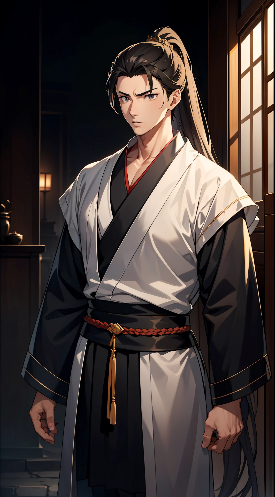 quadratic element,style of anime,mtu(Male Warrior),The proportions are correct,Face details,swordsmen,High ponytail hairstyle,Neck details,There is an Adam's apple,Black Hanfu,kaftan,black toga,clothes details,Handing over,longer sleeves,Game quality,Swordsmanship,Light and shadow tracking,Ray traching,detailed glow,cg render,hair detail,cabelos preto e longos,Black ㇏ eyes,Handsome,Handsome,(juvenile sense),Clothing is complicated,Perfectcomposition,Refinement,high qulity,higher details,Lots of details,The background is complex,a sense of atmosphere,