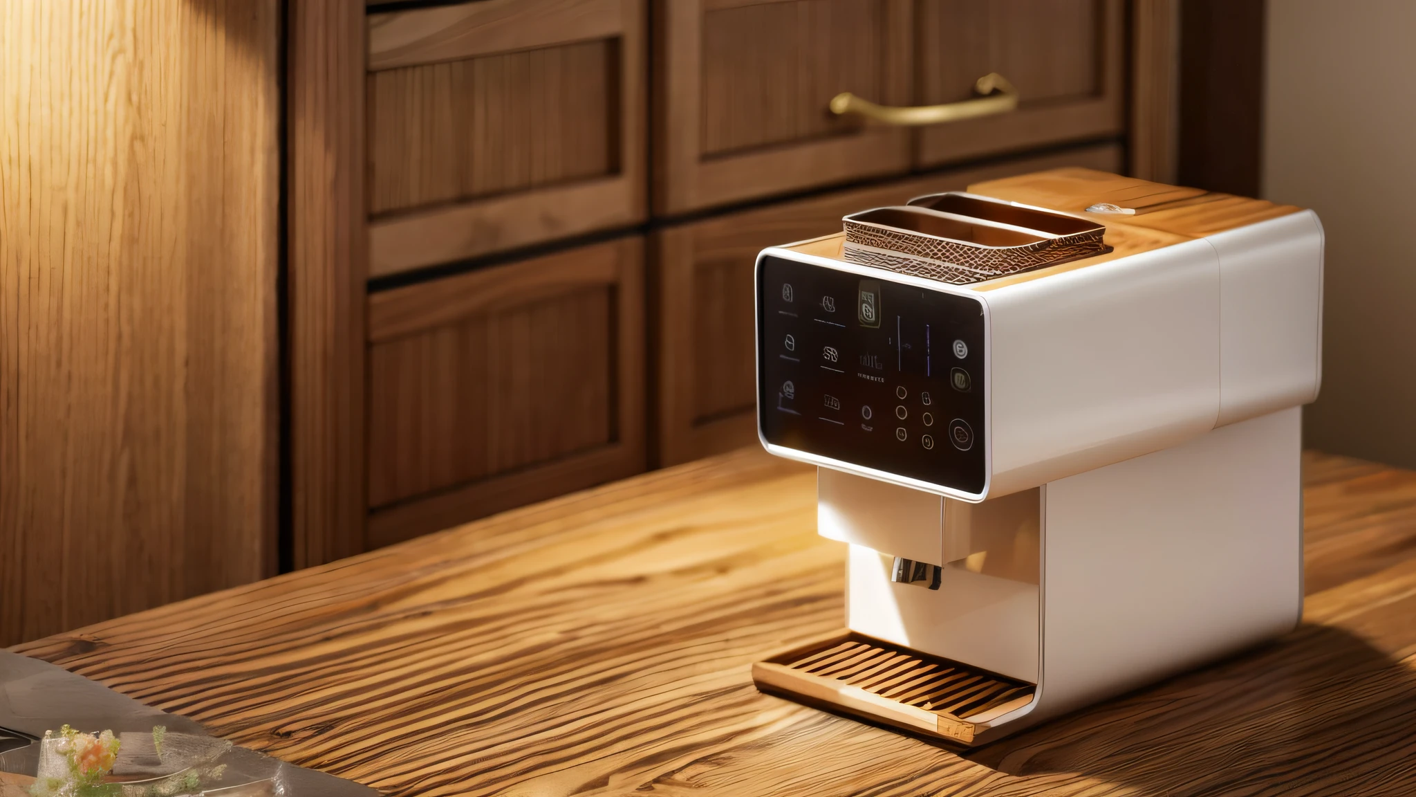 Air fryer placed on the table,There is a table,There were chairs and a bowl of fruit on it,Rectangular wooden table,tuba,wooden tables,dining table,dining table,Wooden table,High quality,wooden tables,elegant and refined,elegant furniture,line sleek,desks,white kitchen table,Chiaroscuro, hyper HD, 8K, Best picture quality ,realisticlying,Foto realism,cupboard,Lens perspective blur,Bright lights,Realistic lighting