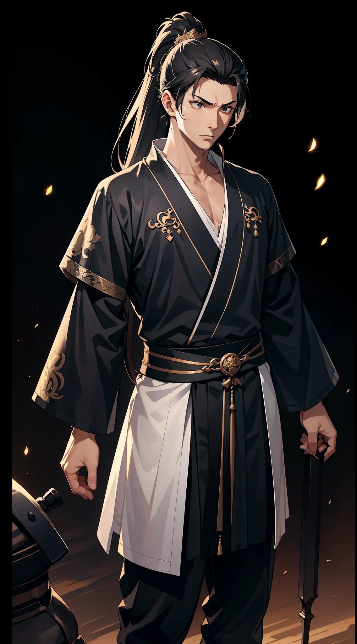 quadratic element,style of anime,mtu(Male Warrior),The proportions are correct,Face details,swordsmen,High ponytail hairstyle,Neck details,There is an Adam's apple,Black Hanfu,kaftan,black toga,clothes details,Handing over,longer sleeves,Game quality,Swordsmanship,Light and shadow tracking,Ray traching,detailed glow,cg render,hair detail,cabelos preto e longos,Black ㇏ eyes,Handsome,Handsome,(juvenile sense),Clothing is complicated,Perfectcomposition,Refinement,high qulity,higher details,Lots of details,The background is complex,a sense of atmosphere,