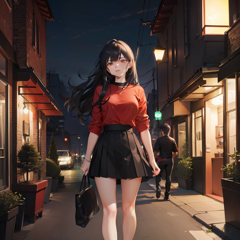 ​masterpiece、hightquality、vivd colour、(((Long Black Hair)))、(((Red Shirt)))、(((a black skirt)))、(((Residential area at night)))、(((Full power douch)))