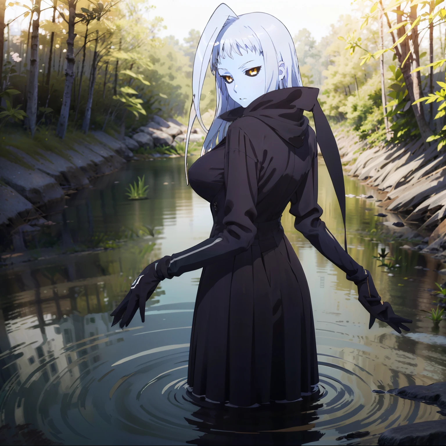 (((Perfect picture))), (absurdress), 1girl, 独奏, Tulip, (huge ahoge:1.2), monster girl, Black scarf, in a black bikin, against the background of the lake, in the woods, (((Stands backwards))), stands in the water