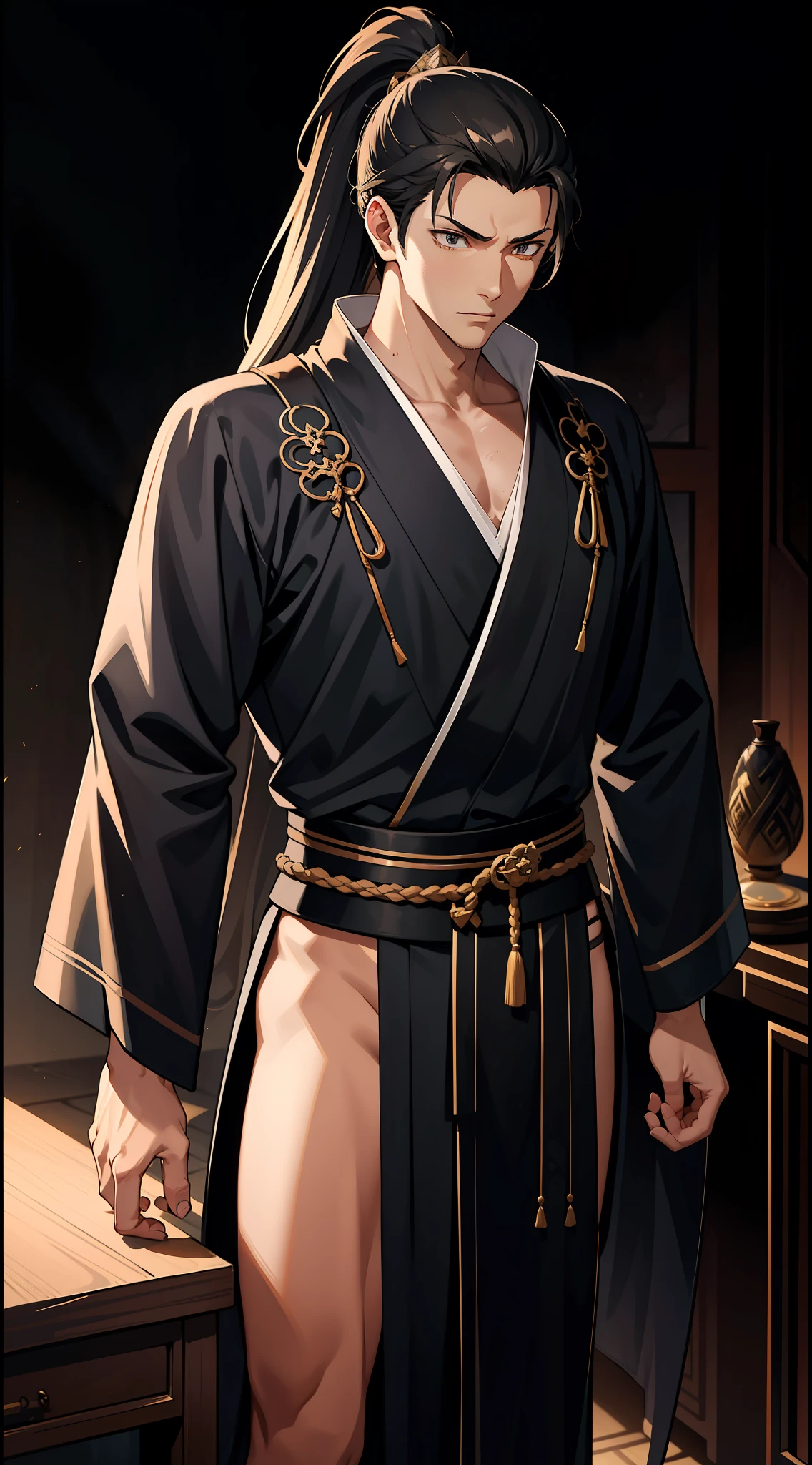quadratic element,style of anime,mtu(Male Warrior),The proportions are correct,Face details,swordsmen,High ponytail hairstyle,Neck details,There is an Adam's apple,Black Hanfu,kaftan,black toga,clothes details,Handing over,longer sleeves,Game quality,Swordsmanship,Light and shadow tracking,Ray traching,detailed glow,cg render,hair detail,cabelos preto e longos,Black ㇏ eyes,Handsome,Handsome,(juvenile sense),Clothing is complicated,Perfectcomposition,Refinement,high qulity,higher details,Lots of details,The background is complex,a sense of atmosphere,