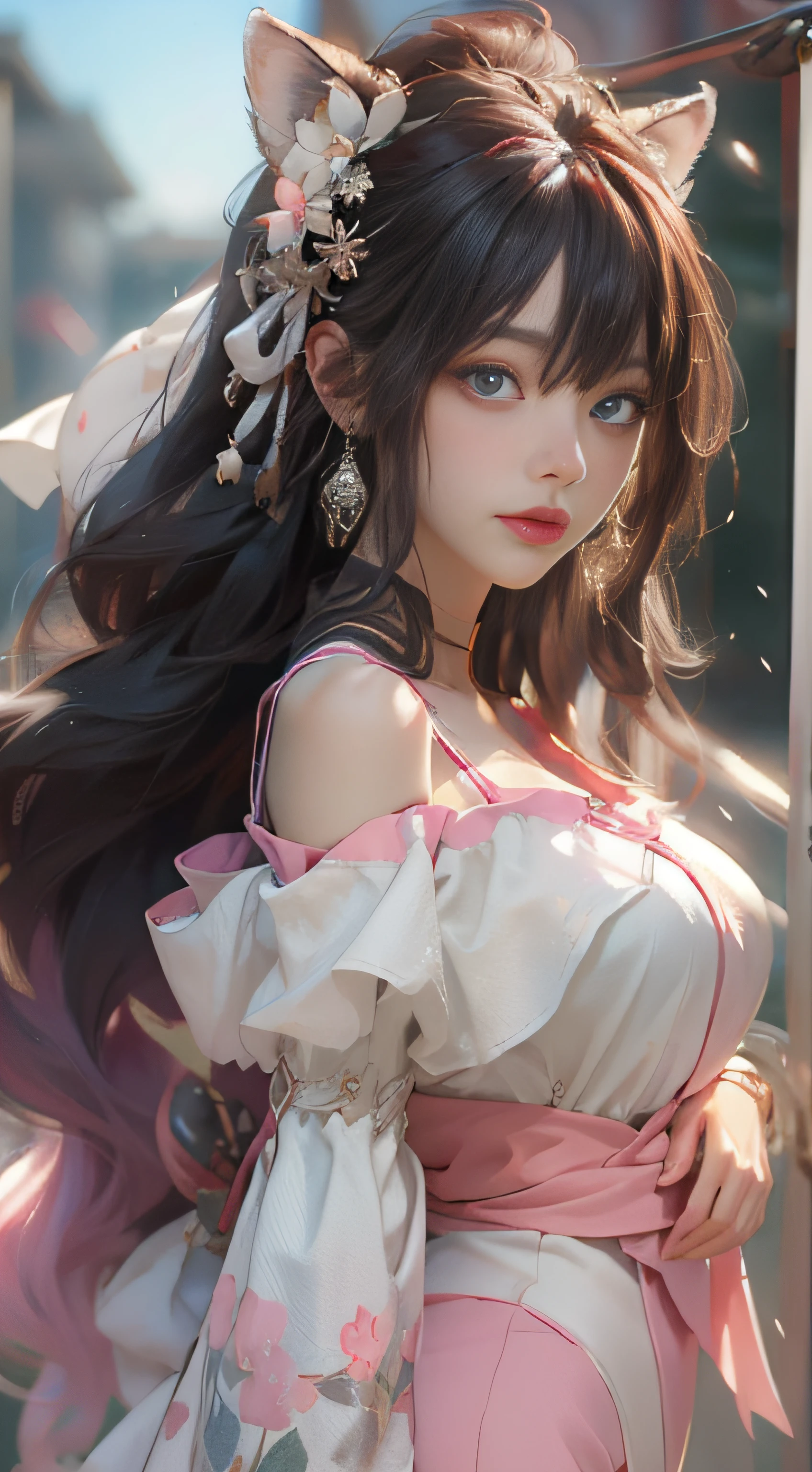 ((best qualtiy)), ((tmasterpiece)), (detail:1.4), Beautiful cyberpunk female images,hdr(HighDynamicRange),Ray traching,NVIDIA RTX,Hyper-Resolution,illusory 5,sub surface scattering,PBR textures,post-proces,Anisotropy Filtering,depth of fields,maximum definition and sharpness,Many-Layer Textures,Albedo e mapas Speculares,Surface coloring,Mitsu-Accurate simulation of material interactions,perfectly proportioned,rendering by octane,Two-colored light,largeaperture,Low ISO,White balance,Rule three points、8K raw data、Beautiful bright blue pupils,off-the-shoulder clothes,Fine pupils,Delicate face and eyes,long eyelasher,Blushlush,Delicate and fluffy hair,pink lip,Pure,Cute face,Sweet girl,Artistic sense,Casual wear,Advancedsense,butterflys,Cherry blossom petal,Beautiful hair accessories,Long hair and waist,Hair fluttering in the wind,Snow-white fox ears,curlies,Snow-white fluffy tail,Positive light,The light from the back window is backlighted