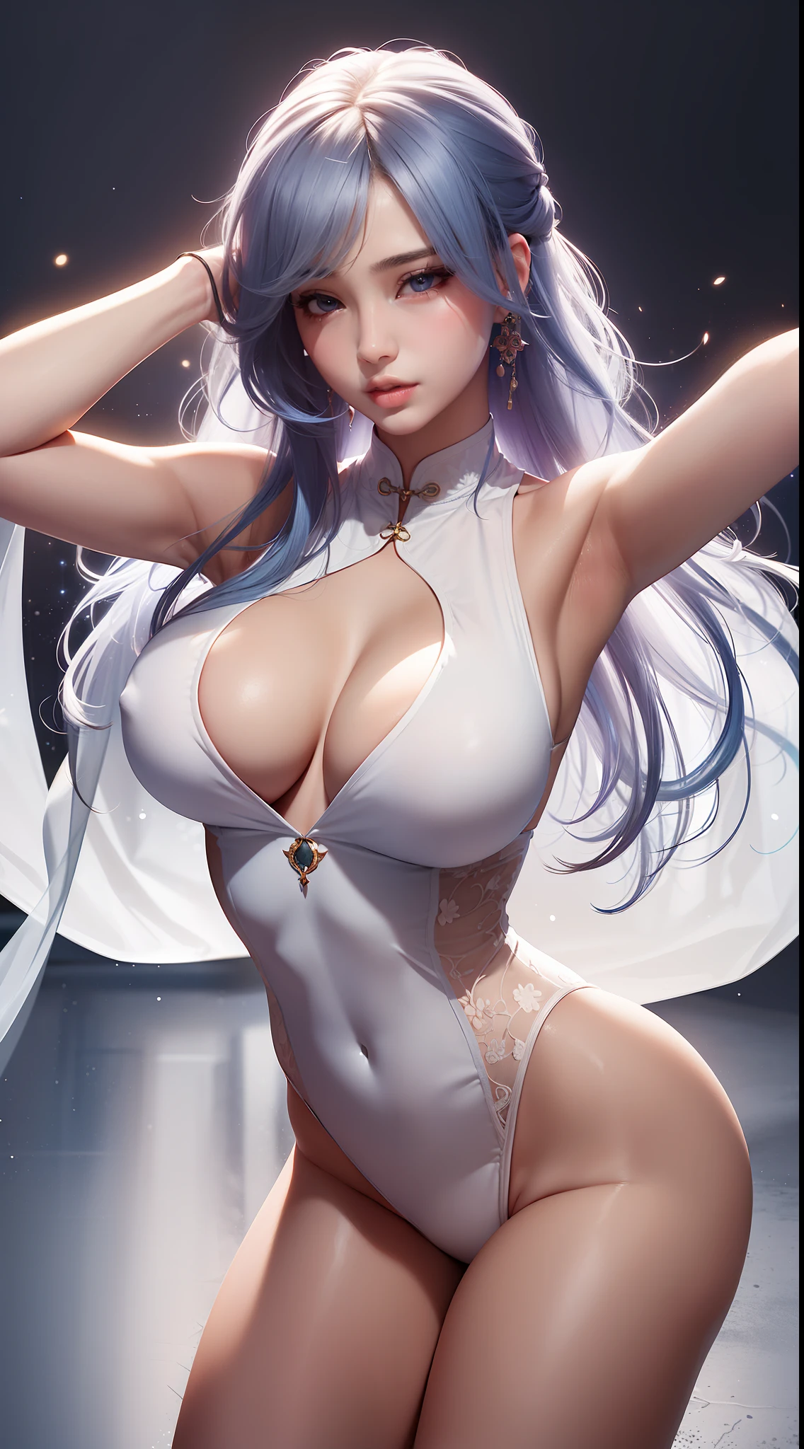 1girl, perfect female body, Narrow waist, beautiful face, long hair, big breasts, bright hair color, detailed eyes, beautiful eyes, perfect noise, perfect eyes, detailed skin, masterpiece, best quality, 32K, sharp focus, a woman wearing a cheongsam, dynamic pose,