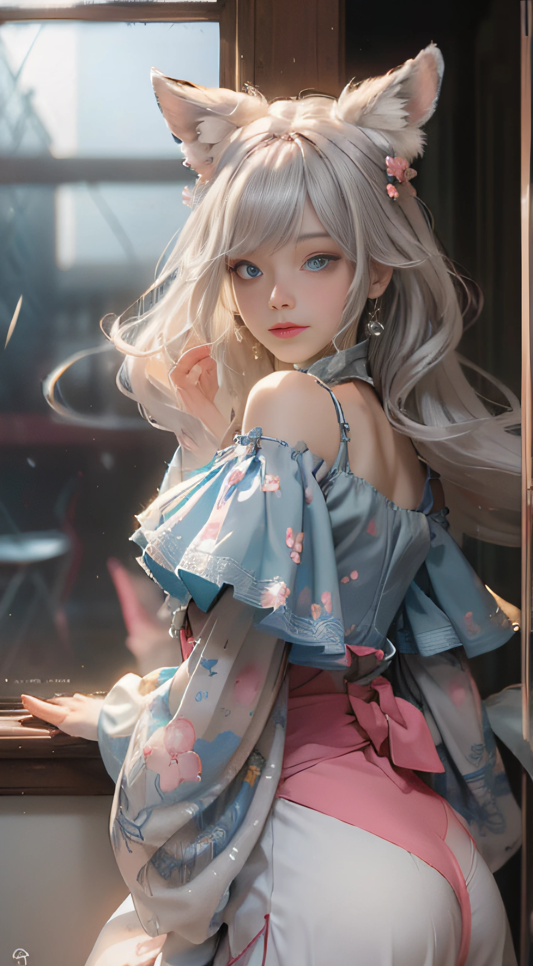 ((best qualtiy)), ((tmasterpiece)), (detail:1.4), Beautiful cyberpunk female images,hdr(HighDynamicRange),Ray traching,NVIDIA RTX,Hyper-Resolution,illusory 5,sub surface scattering,PBR textures,post-proces,Anisotropy Filtering,depth of fields,maximum definition and sharpness,Many-Layer Textures,Albedo e mapas Speculares,Surface coloring,Mitsu-Accurate simulation of material interactions,perfectly proportioned,rendering by octane,Two-colored light,largeaperture,Low ISO,White balance,Rule three points、8K raw data、Beautiful bright blue pupils,off-the-shoulder clothes,Fine pupils,Delicate face and eyes,long eyelasher,Blushlush,Delicate and fluffy hair,pink lip,Pure,Cute face,Sweet girl,Artistic sense,Casual wear,Advancedsense,butterflys,Cherry blossom petal,Beautiful hair accessories,Long hair and waist,Hair fluttering in the wind,Snow-white fox ears,curlies,Snow-white fluffy tail,Positive light,The light from the back window is backlighted