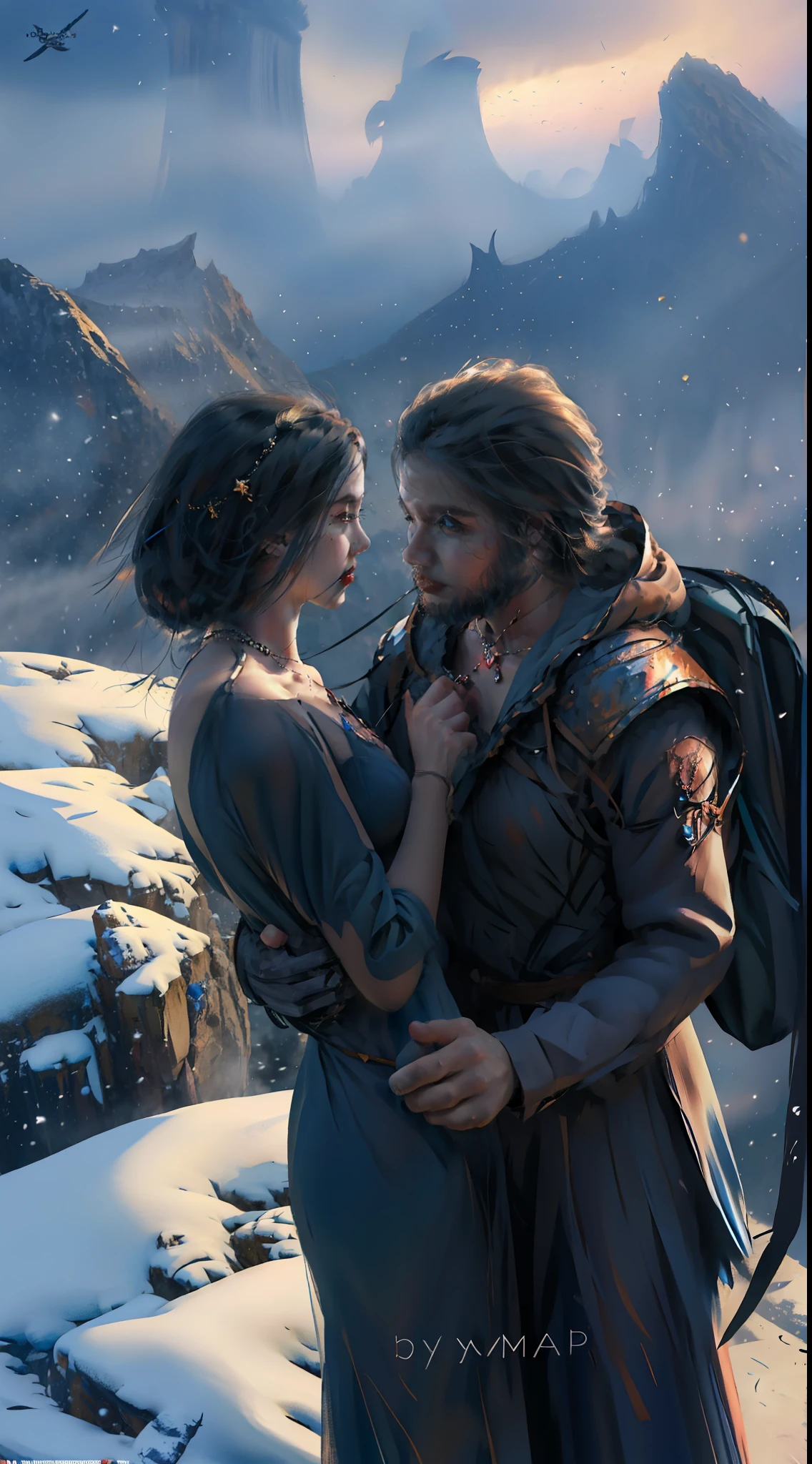 A couple shaking hands with each other and ate surprised , handsome man accurate face , beautiful girl , cold lonely mountain , mystical, cosmos