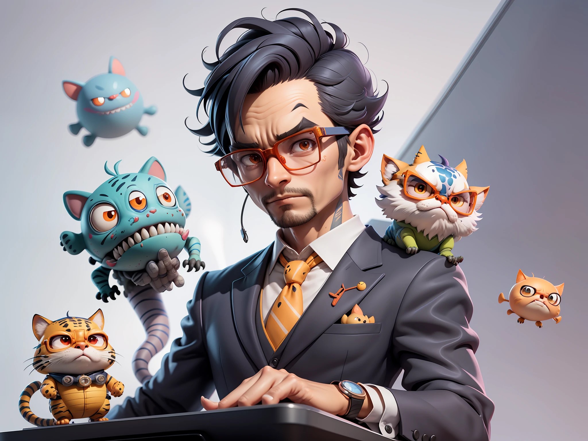 A young man in a suit, Short hair and glasses sat at his desk,holding laptop,digitial painting,tigre,3D character design by Mark Clairen and Pixar and Hayao Miyazaki and Akira Toriyama,4K HD illustration,Very detailed facial features and cartoon-style visuals。