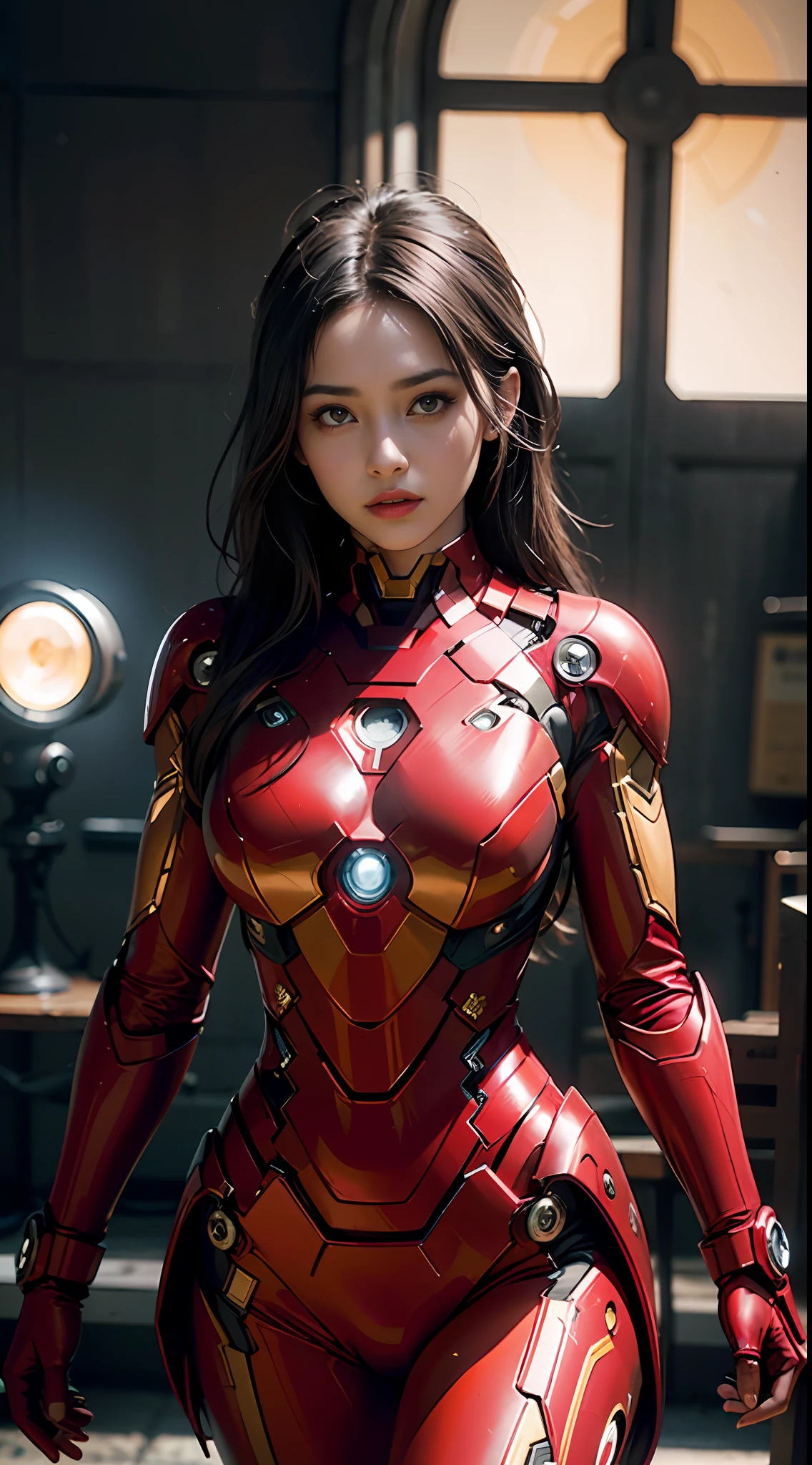 8k, realistic, attractive, highly detailed, a 20 year old girl a sexy and attractive woman inspired by Iron Man wearing a shiny Iron Man mech. She dresses with sexiness and confidence, perfectly interpreting Iron Man's strength and charisma. This high-definition, high-quality picture will bring you a shocking visual experience. oc rendering, dramatic lighting, award winning quality