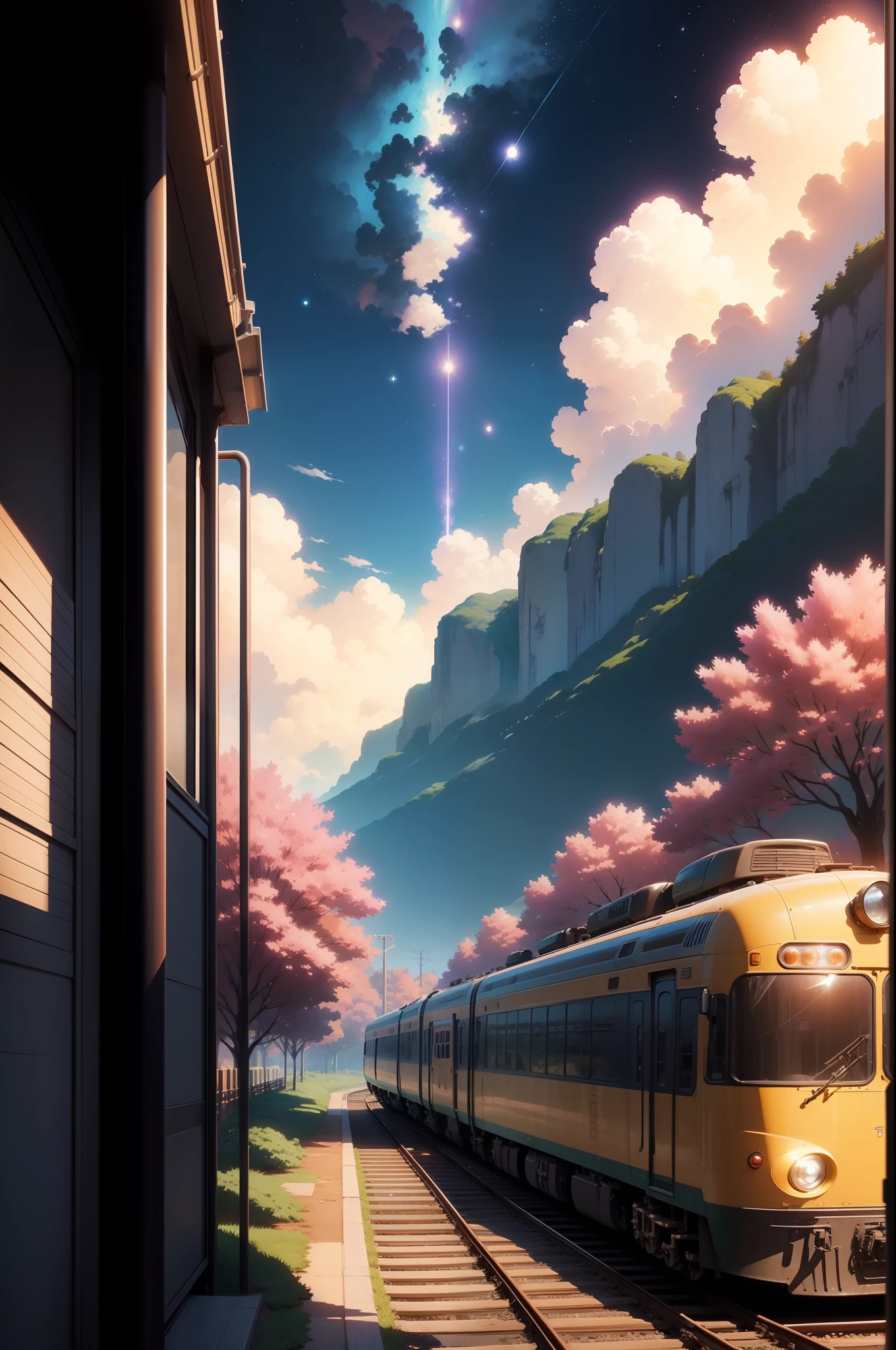 There's a train running along the tracks, flores de Sakura voando, sakura trees, tons de rosa, arte conceitual de Makoto Shinkai, Tumblr, magic realism, belas cenas de anime, cosmic sky. Por Makoto Shinkai, ( ( Makoto Shinkai ) ), arte de fundo de anime, fundos de anime, Estilo Makoto Shinkai, planos de fundo de filmes de anime, galaxy express, Sem humanos.