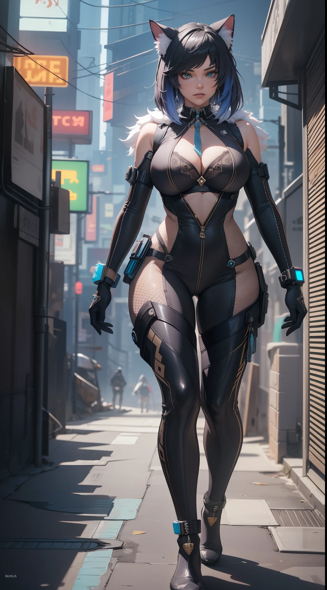 16K, RTX, HDR, unreal engine, octane render, absurdres, best quality, masterpiece, realistic, highly detailed, Beautiful, tall, cool, edgy, cyberpunk sexy cat girl, futuristic full body suit, form fitting, seductive, sensual, cleavage, bob hair, cat ears, professional make-up.