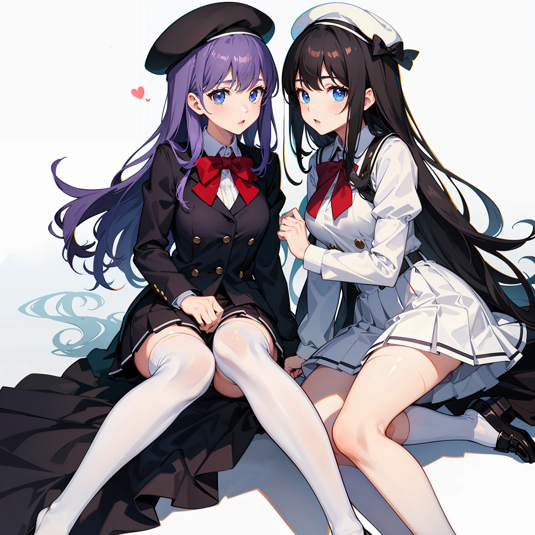 (Best quality),(Detailed), (2 girls),Kizi,white thighhighs, short detailed hair,Medium breasts,JK school uniform,beret,Look at each other