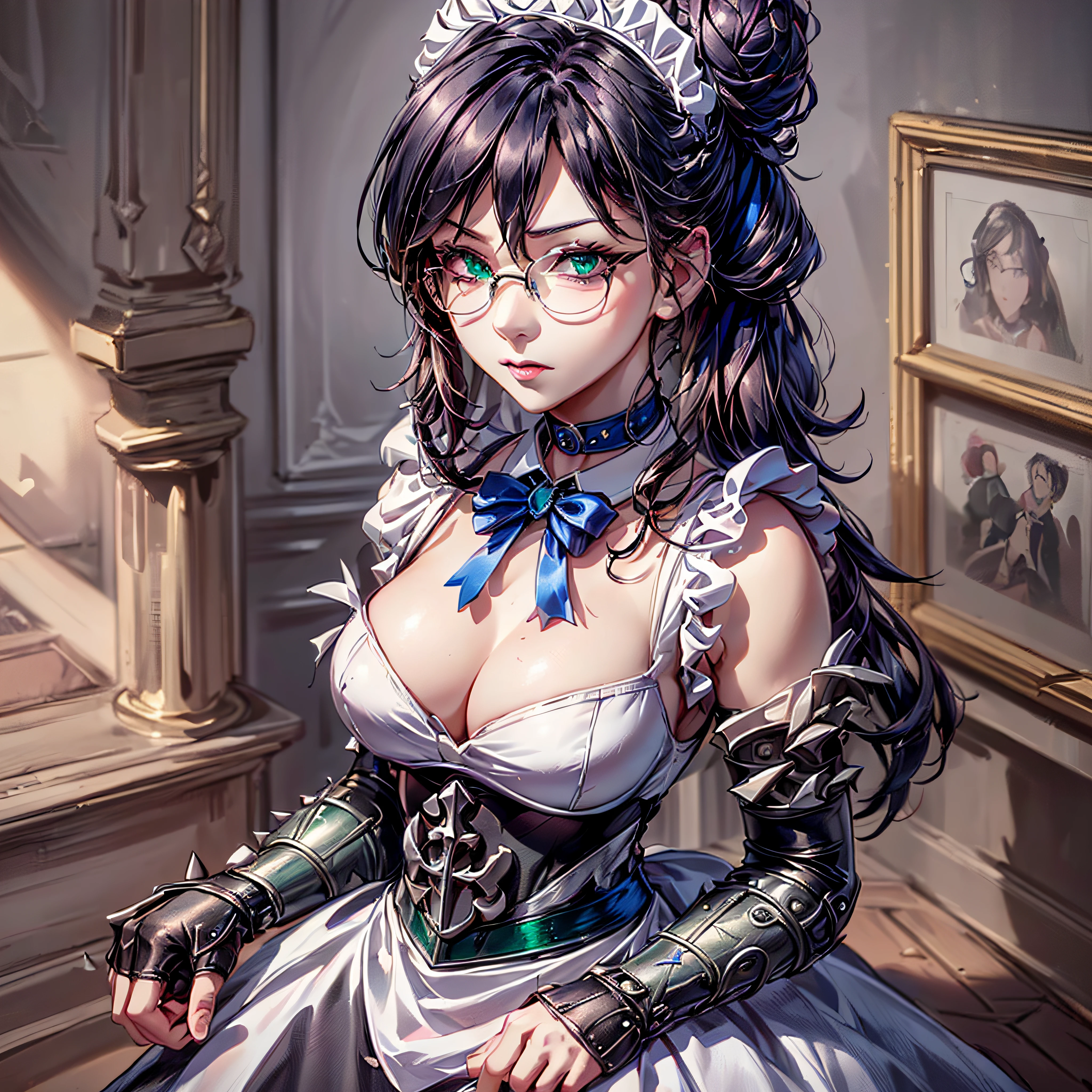 (1girl, yuri alpha:1.0), (anime overlord), (solo:1.4), (Maid_Dress), (64k, UHD, Raw photo, highes, Best Quality, mastepiece:2.0), (Ultra-fine depiction of details:3.0), (a serious, loyal, hard-working maid head, the vice-captain of the "Pleiades Six Stars", the battle maid squad of the Great Tomb of Nazarick), (a beautiful woman with an intelligent look), black hair, (elegant, vivid blue bowtie, ribbon:1.3), (green wristband), (She is equipped with highly elaborately designed, dark emerald green spiky gauntlets:1.5), (perfect face, perfect body, perfect figure, pink lips, slight blush), (cool, intellectual glasses), (slightly glowing blue eyes:1.3), (shiny sleek long hair, single hair bun, single braid bun, double bun), (silky, high-quality, majestic, gothic, ((low-key)), simple, long maid dress:1.5), (vivid blue gothic style choker:1.3), (pure white maid apron:1.2), (gigantic breasts:1.2), (sexy cleavage:1.1), inhouse, studying the orders issued by the master of [the Great Tomb of Nazarick, Ainz Ooal Gown], the room is filled with solemn atmosphere, (long shot, full body shot), (perfect lighting,)