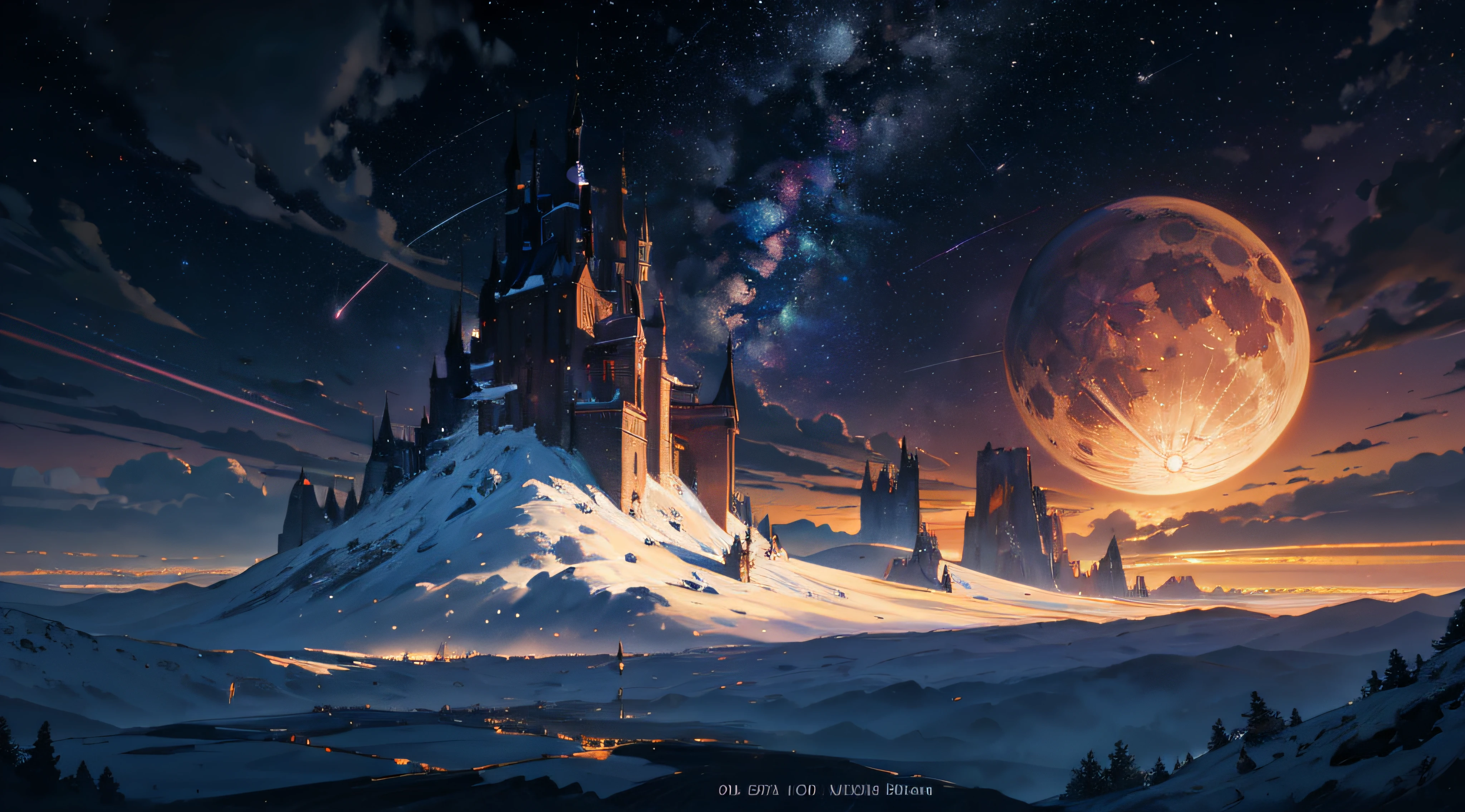 Expansive landscape photograph,(moon full:1.2),(meteors:0.9),(Starcloud:1.3),(Warm light source:1.2),(glowworm:1.2),lamp lights,Lots of purple and orange,Complicated details,Volumetriclighting,Realism BREAK(tmasterpiece:1.2),(best qualtiy),8K,Ultra-detailed,(dynamic compositions:1.4),The is very detailed,Colorful details,(Irridescent color:1.2),(luminouslighting,Atmospheric lighting),dream magical,magical,(独奏:1.2),((best qualtiy)), ((tmasterpiece)), (the detail:1.4),depth of fields,maximum definition and sharpness,perfectly proportions,Fluttering clouds,Wallpapers