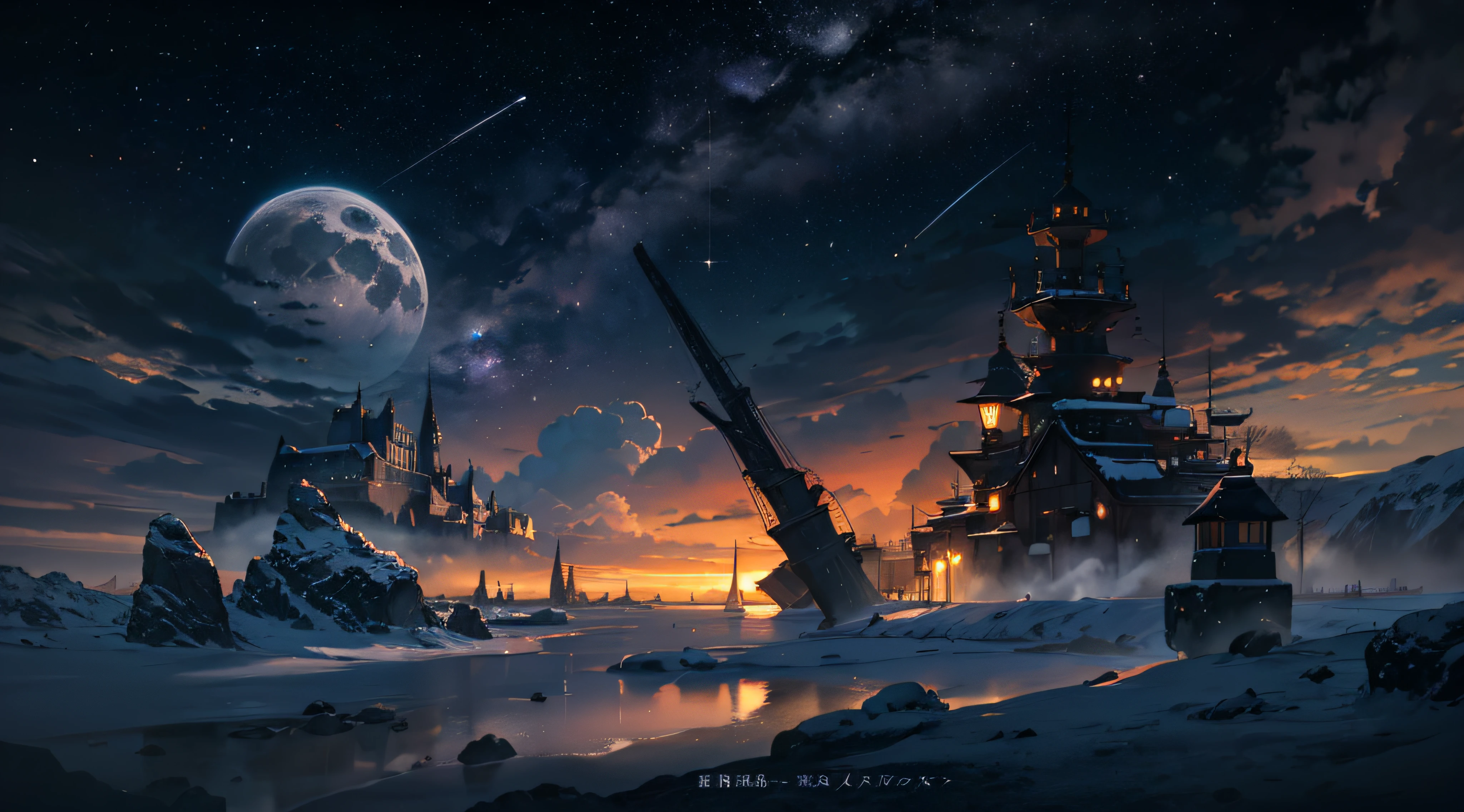 Expansive landscape photograph,(moon full:1.2),(meteors:0.9),(Starcloud:1.3),(Warm light source:1.2),(glowworm:1.2),lamp lights,Lots of purple and orange,Complicated details,Volumetriclighting,Realism BREAK(tmasterpiece:1.2),(best qualtiy),8K,Ultra-detailed,(dynamic compositions:1.4),The is very detailed,Colorful details,(Irridescent color:1.2),(luminouslighting,Atmospheric lighting),dream magical,magical,(独奏:1.2),((best qualtiy)), ((tmasterpiece)), (the detail:1.4),depth of fields,maximum definition and sharpness,perfectly proportions,Fluttering clouds,Wallpapers