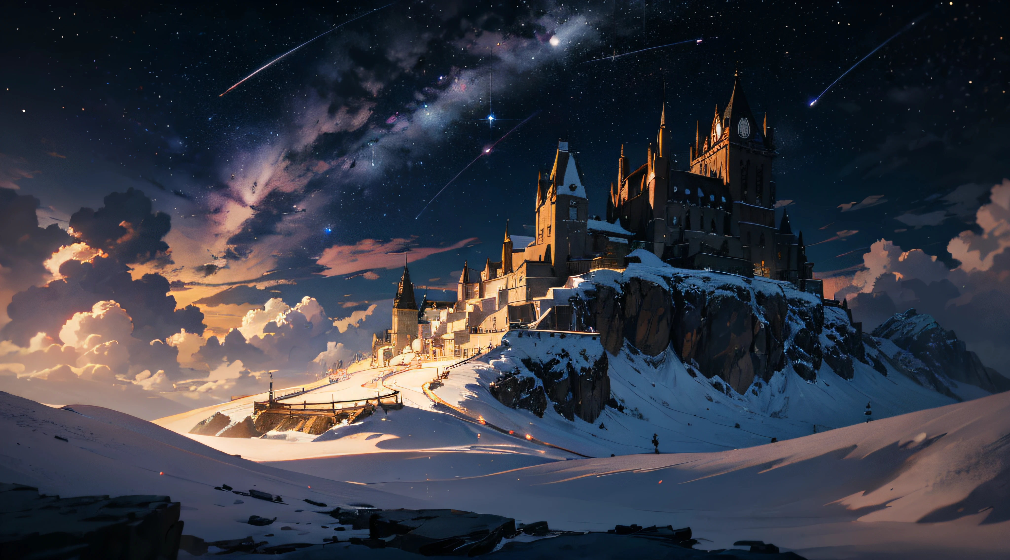 Expansive landscape photograph,(moon full:1.2),(meteors:0.9),(Starcloud:1.3),(Warm light source:1.2),(glowworm:1.2),lamp lights,Lots of purple and orange,Complicated details,Volumetriclighting,Realism BREAK(tmasterpiece:1.2),(best qualtiy),8K,Ultra-detailed,(dynamic compositions:1.4),The is very detailed,Colorful details,(Irridescent color:1.2),(luminouslighting,Atmospheric lighting),dream magical,magical,(独奏:1.2),((best qualtiy)), ((tmasterpiece)), (the detail:1.4),depth of fields,maximum definition and sharpness,perfectly proportions,Fluttering clouds,Wallpapers