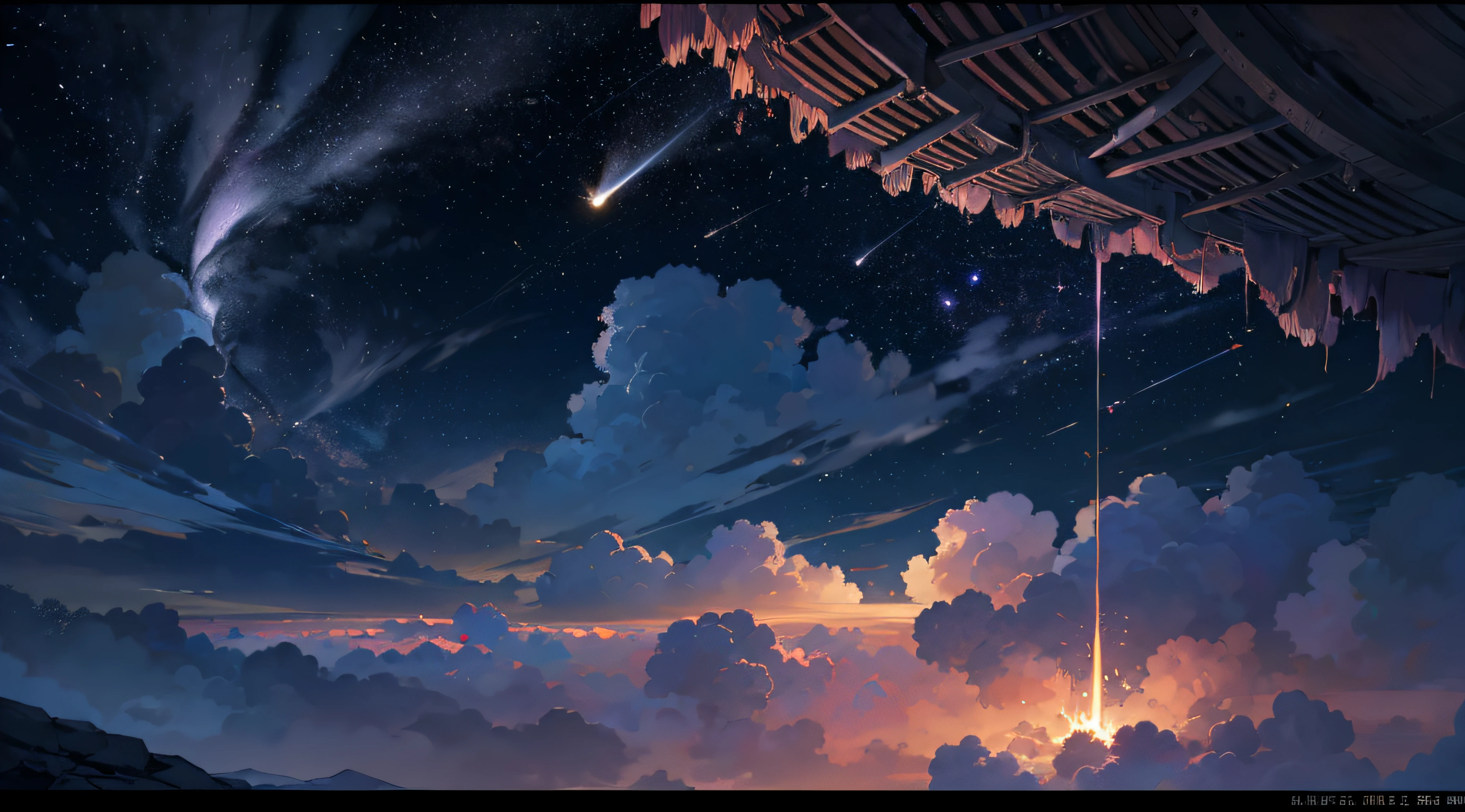 Expansive landscape photograph,(moon full:1.2),(meteors:0.9),(Starcloud:1.3),(Warm light source:1.2),(glowworm:1.2),lamp lights,Lots of purple and orange,Complicated details,Volumetriclighting,Realism BREAK(tmasterpiece:1.2),(best qualtiy),8K,Ultra-detailed,(dynamic compositions:1.4),The is very detailed,Colorful details,(Irridescent color:1.2),(luminouslighting,Atmospheric lighting),dream magical,magical,(独奏:1.2),((best qualtiy)), ((tmasterpiece)), (the detail:1.4),depth of fields,maximum definition and sharpness,perfectly proportions,Fluttering clouds,Wallpapers