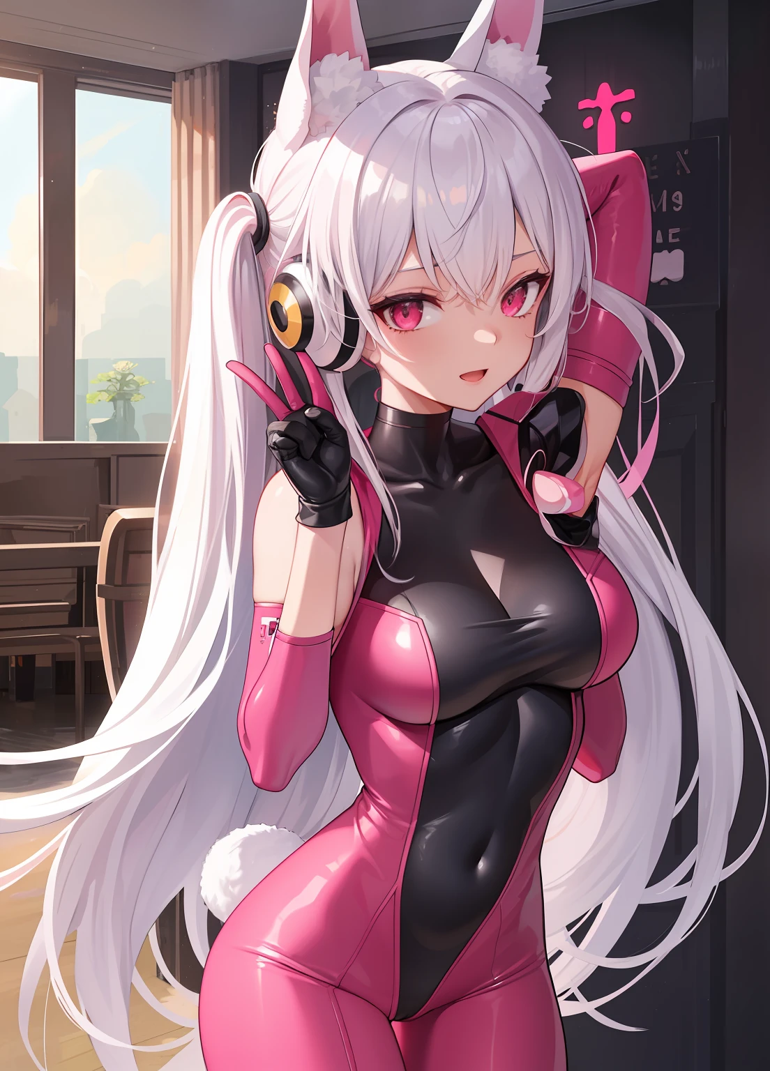 （RAW photos，best qualtiy，tmasterpiece：1.2），（realisticlying，photograph realistic：1.4），（tmasterpiece：1.4），（best qualtiy：1.4），1girll，独奏，:d，Animal ear headphones，Animal ear，Arms up，By bangs，Blushlush，tightsuit，nedium breasts，rabbit pose，Clothes writing，Cover the navel，cowboy lens，Crop jacket，fakeanimalears，mitts，exteriors，Morning，yuki，hair intakes，Earphone，impossible bodysuit，Impossible clothes，jaket，big cleavage breasts，latex， latex body suit， long whitr hair， longer sleeves， looking at viewert，big cleavage breasts， Multicolored gloves， with her mouth open， Pink tights， Pink eyes， red eyes， red blous， shinning clothes， shrugged shoulders\（The clothes ar\）， Sideburns， skin tight， ssmile， thigh gap， upper legs， double tails， Very long hair， whitegloves， White hair， alice\（nikke\），（shiny skins）， Realistis， opening legs