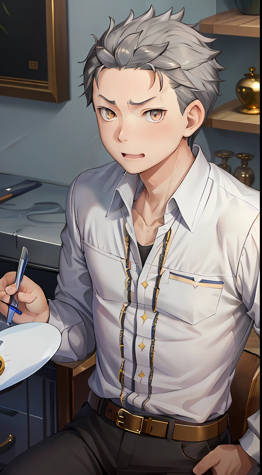 （1 Adult male），A high resolution， Sharp focus， Pixiv masterpiece， （（Complicated details））， highly  detailed， natsuki_subaru， 1 man， with her mouth open，drools，full bodyesbian， Golden eyes（eyes glowing）， blue short hair，The shirt，tiese，Silver belt，perspire，look from down