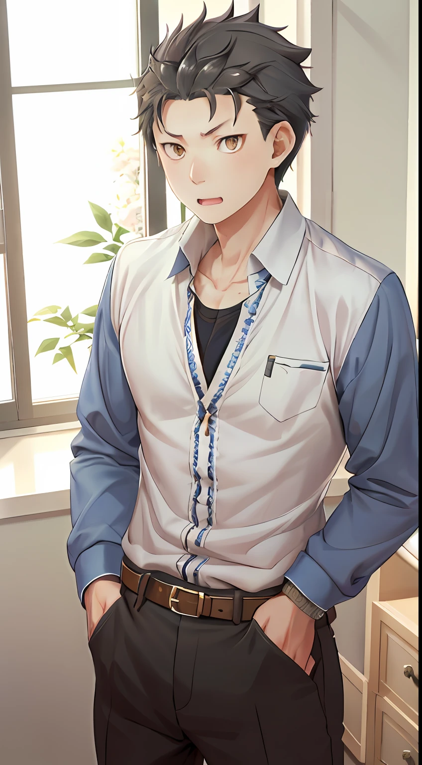(1 Adult male),A high resolution, Sharp focus, Pixiv masterpiece, ((Complicated details)), highly detailed, natsuki_subaru, 1 man, with her mouth open,drools,full bodyesbian, Golden eyes(eyes glowing), blue short hair,The shirt,tiese,Silver belt,perspire,look from down