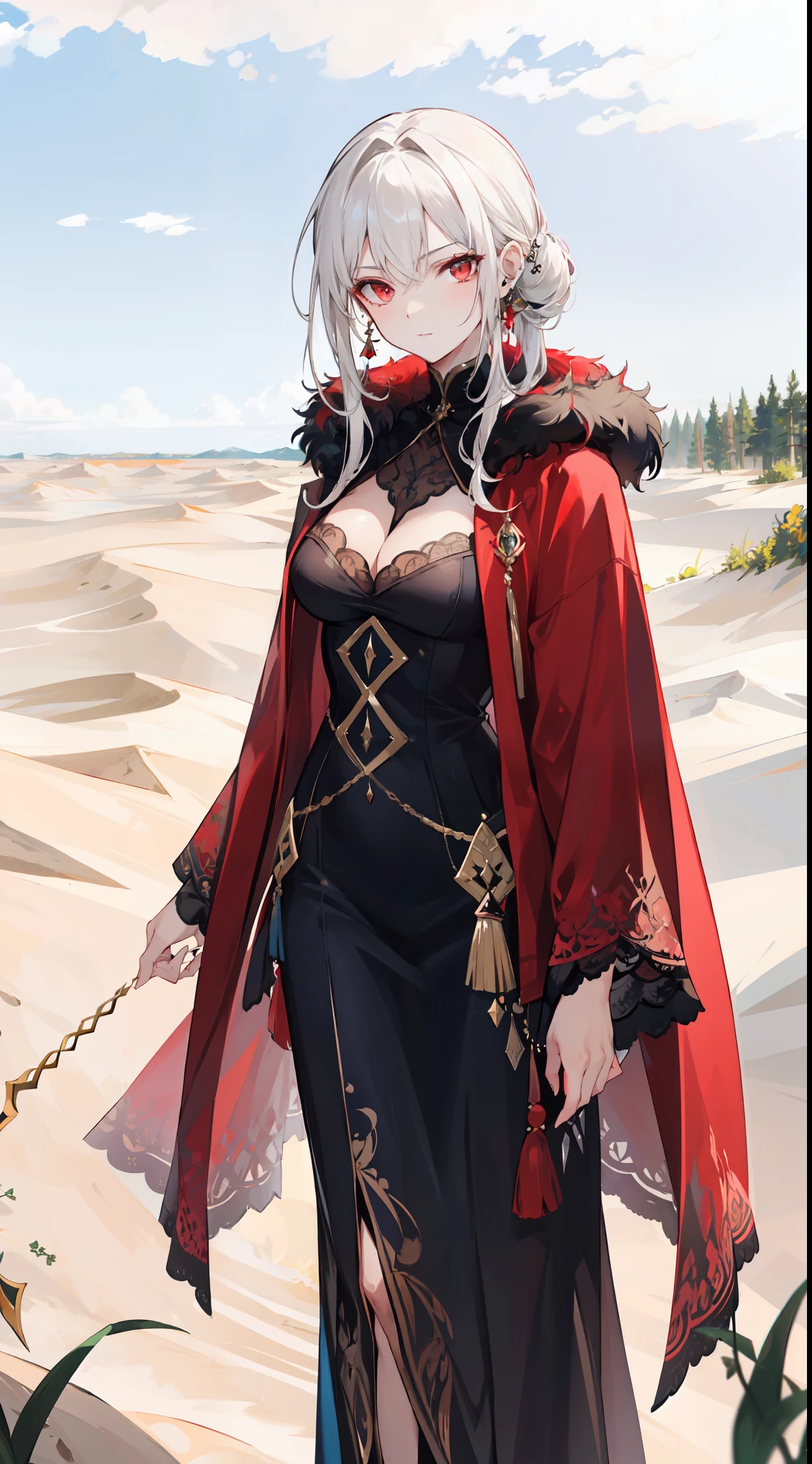 "A stunning mature woman with flowing white hair tied to the side, piercing red eyes glowing with intensity, adorned in a white desert cloak, standing in the vast expanse of sandy dunes."