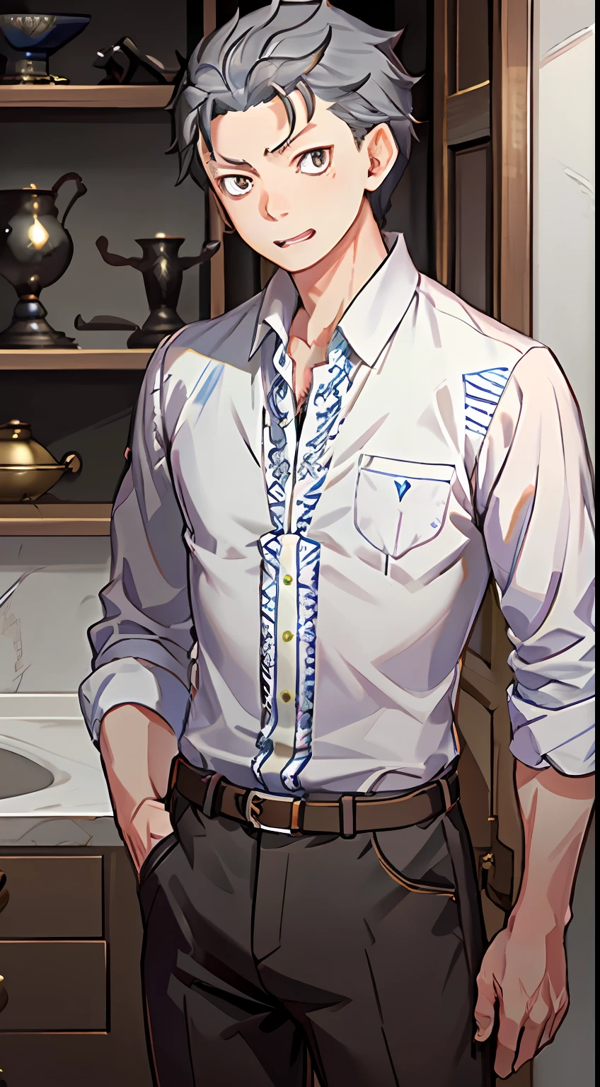 (1 Adult male),A high resolution, Sharp focus, Pixiv masterpiece, ((Complicated details)), highly detailed, natsuki_subaru, 1 man, with her mouth open,drools,full bodyesbian, Golden eyes(eyes glowing), blue short hair,The shirt,tiese,Silver belt,perspire,look from down