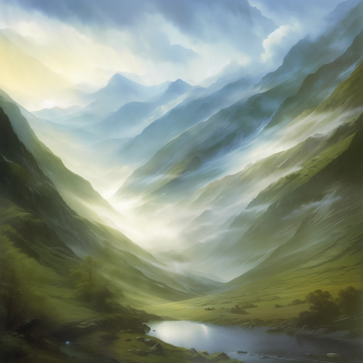 war,fantasy,Forest,stream,rain,Bright,intense sun rays,Luminance,mountains,eagles,an expansive view of wild,illustration,Alan Lee