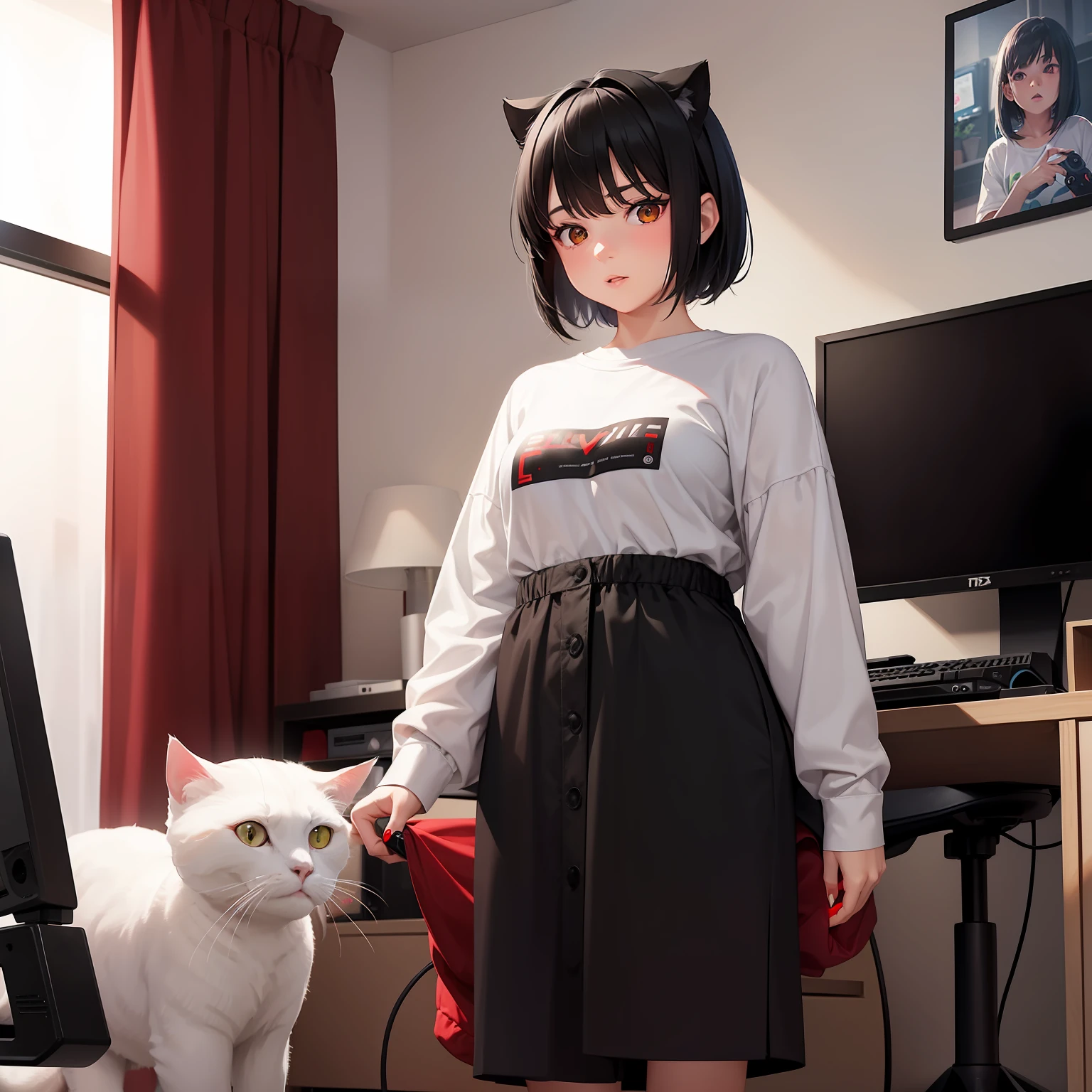 A girl with black short hair playing the video games have a red eye age is about 20 years old have playing Xbox game with her cute white cat in her room he use some red ribbons one her head and have two monitor computers