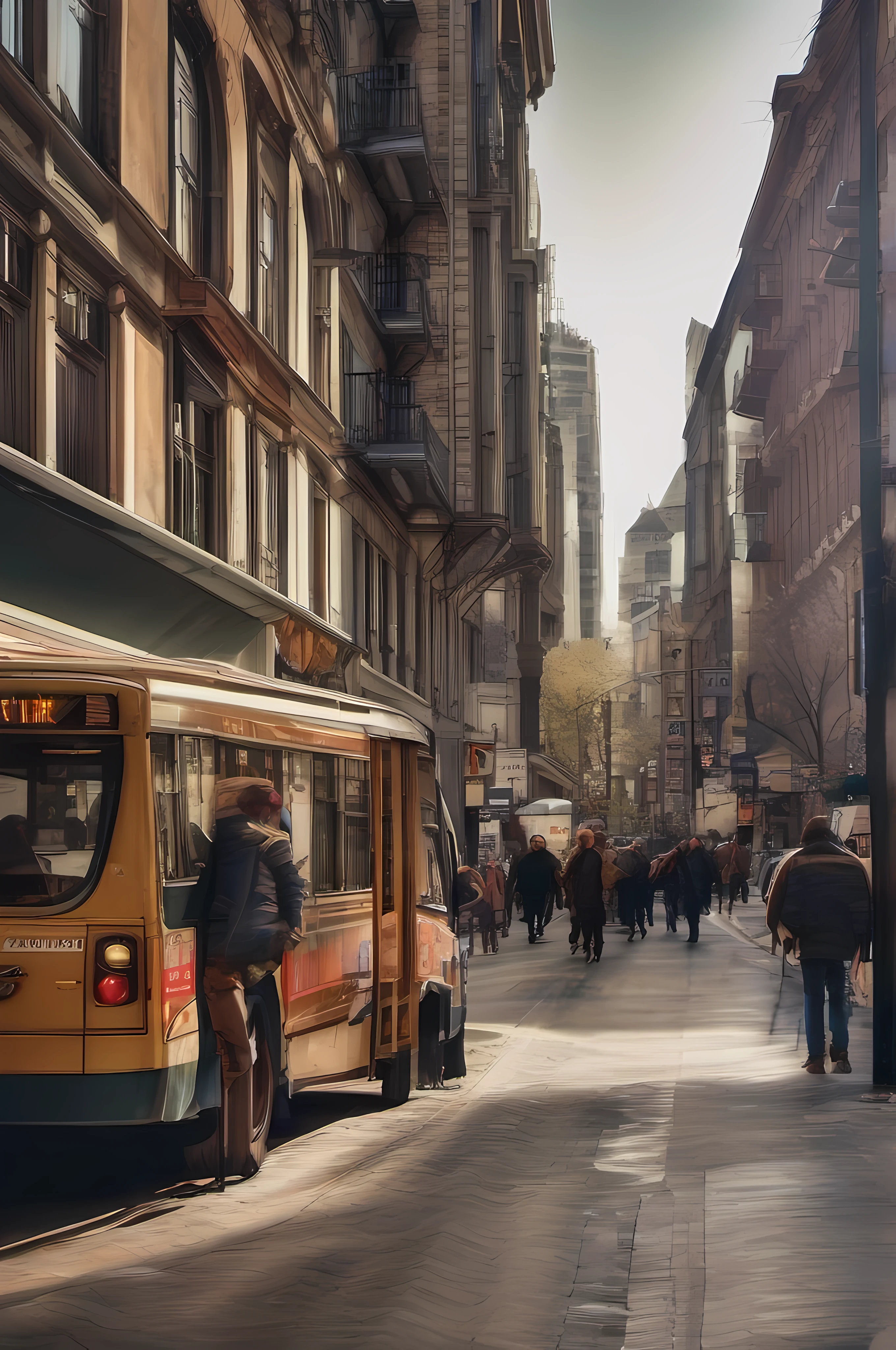 The photo of the city is realistic, there are a lot of people on the street, life is in full swing