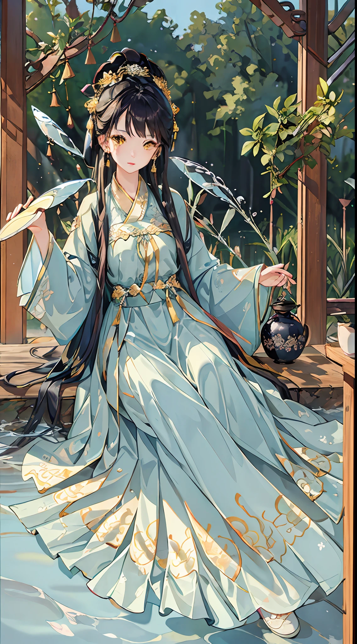 best quality, intricate details, highres,(beautiful detailed water:1.4),(hanfu, tang style),yellow eyes,(1girl in glass jar:1.1),