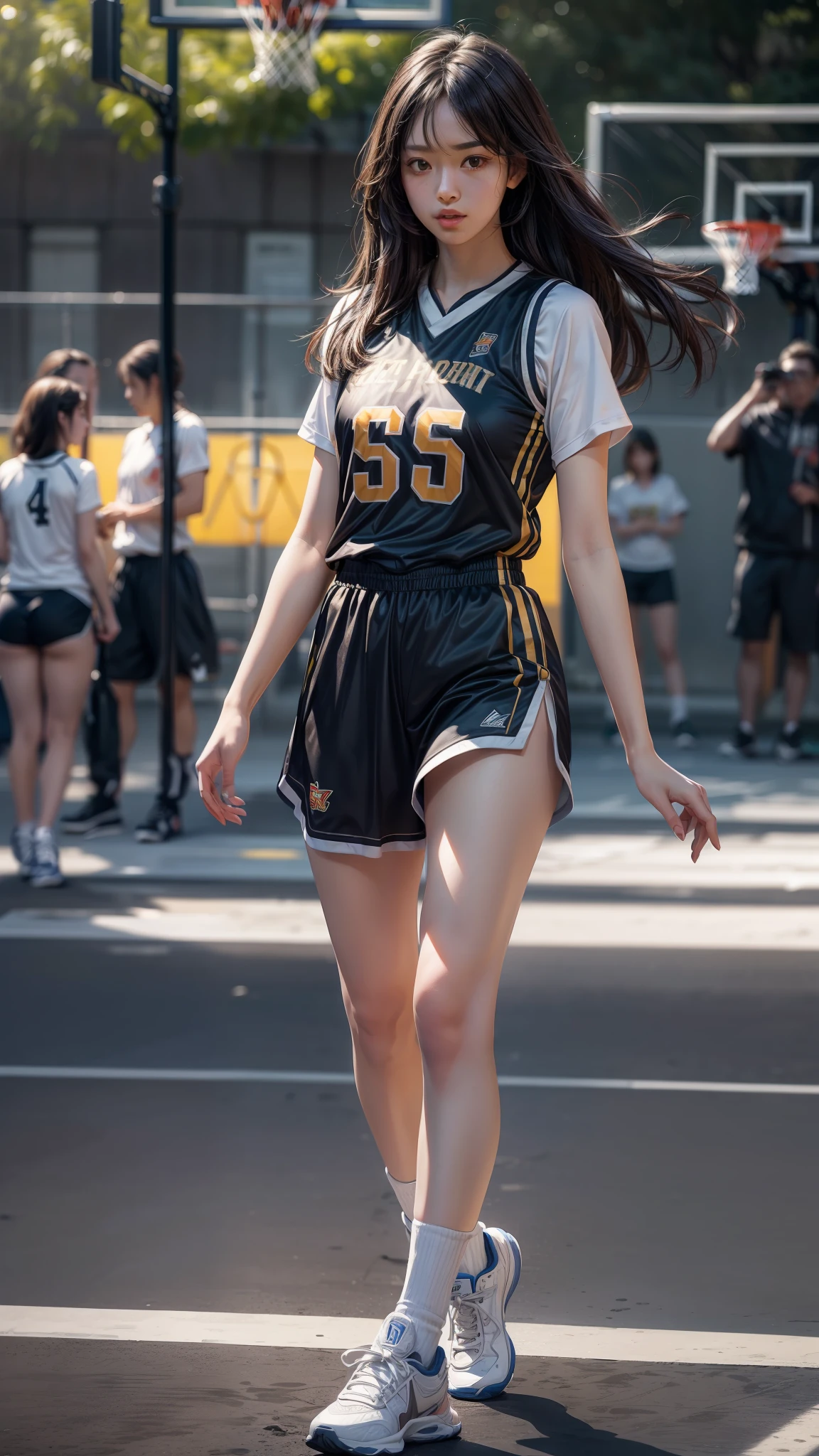 (8K, Best Quality, Masterpiece: 1.2), (Realistic, Realistic: 1.37), Ultra Detailed, Best Quality, Ultra High Resolution, Professional Lighting, Photon Mapping, Teleportion, Physically Based Rendering, Cinematic Lighting, Basketball Court, Depth of Field, Clear Focus, Sunlight, Good Composition, (Bokeh: 1.2) 1girl, solo, (full body), (mouth closed), beautiful and detailed eyes, posture, narrow waist, basketball uniform, black hair, messy hair, long hair fluttering in the wind, ( ulzzang-6500:1.2)