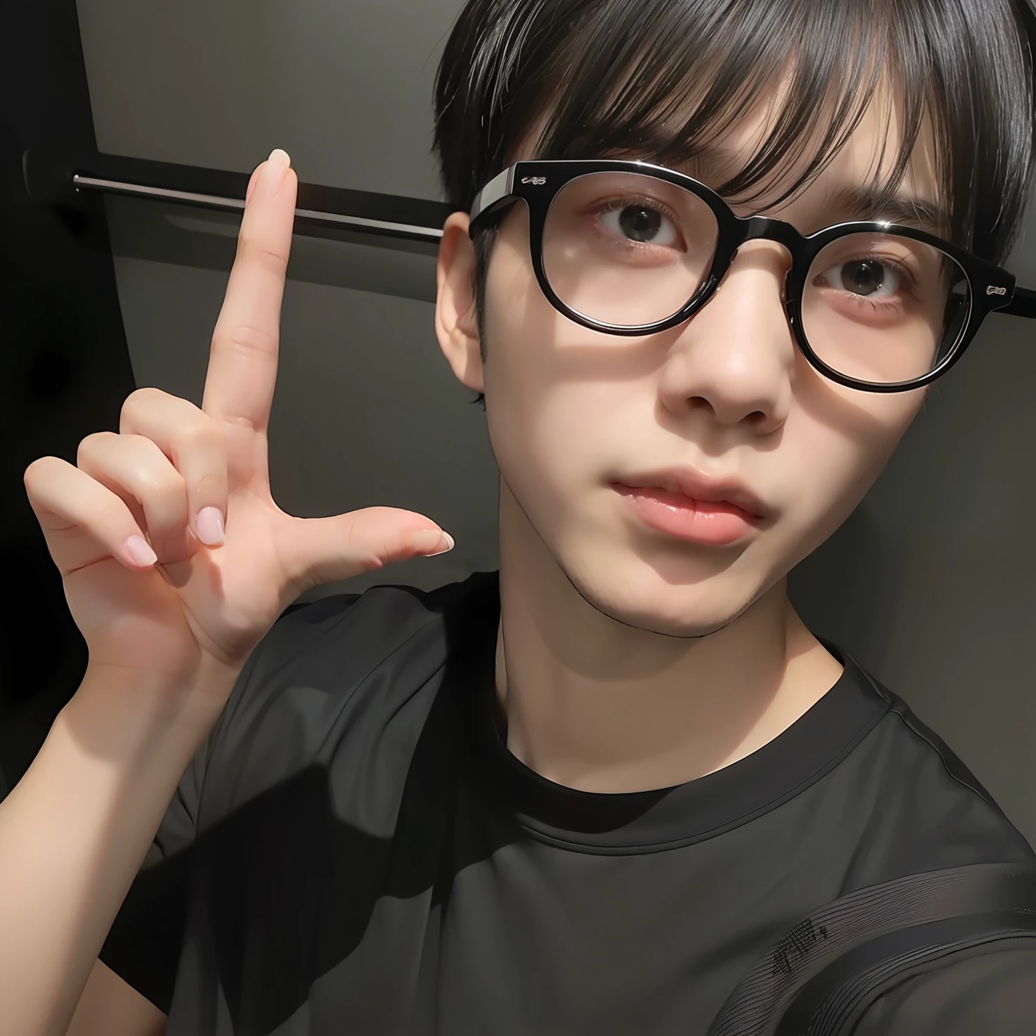 1boy, black hair, black glasses, black t-shirt