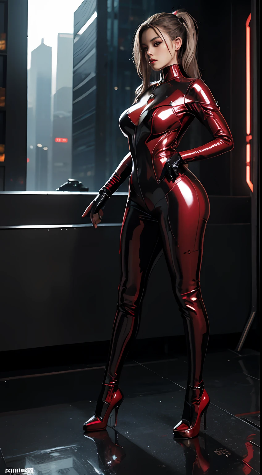 Masterpiece, Best quality, Ultra-detailed, illustration, 1girll, Solo, Shiny, Reflective, latex, voluptuous, Body, Detailed, Messy, High heels, black, Red, Silver, Fashion, Sci-fi, Cyberpunk, dystopian