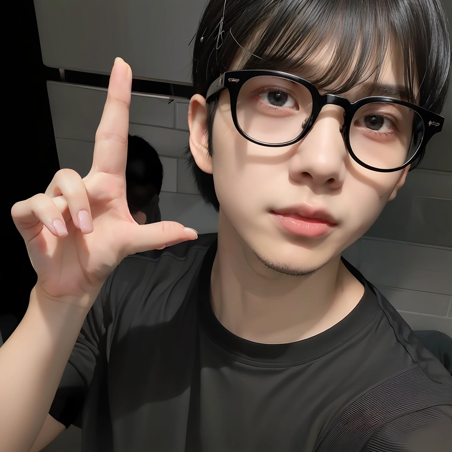 1boy, black hair, black glasses, black t-shirt